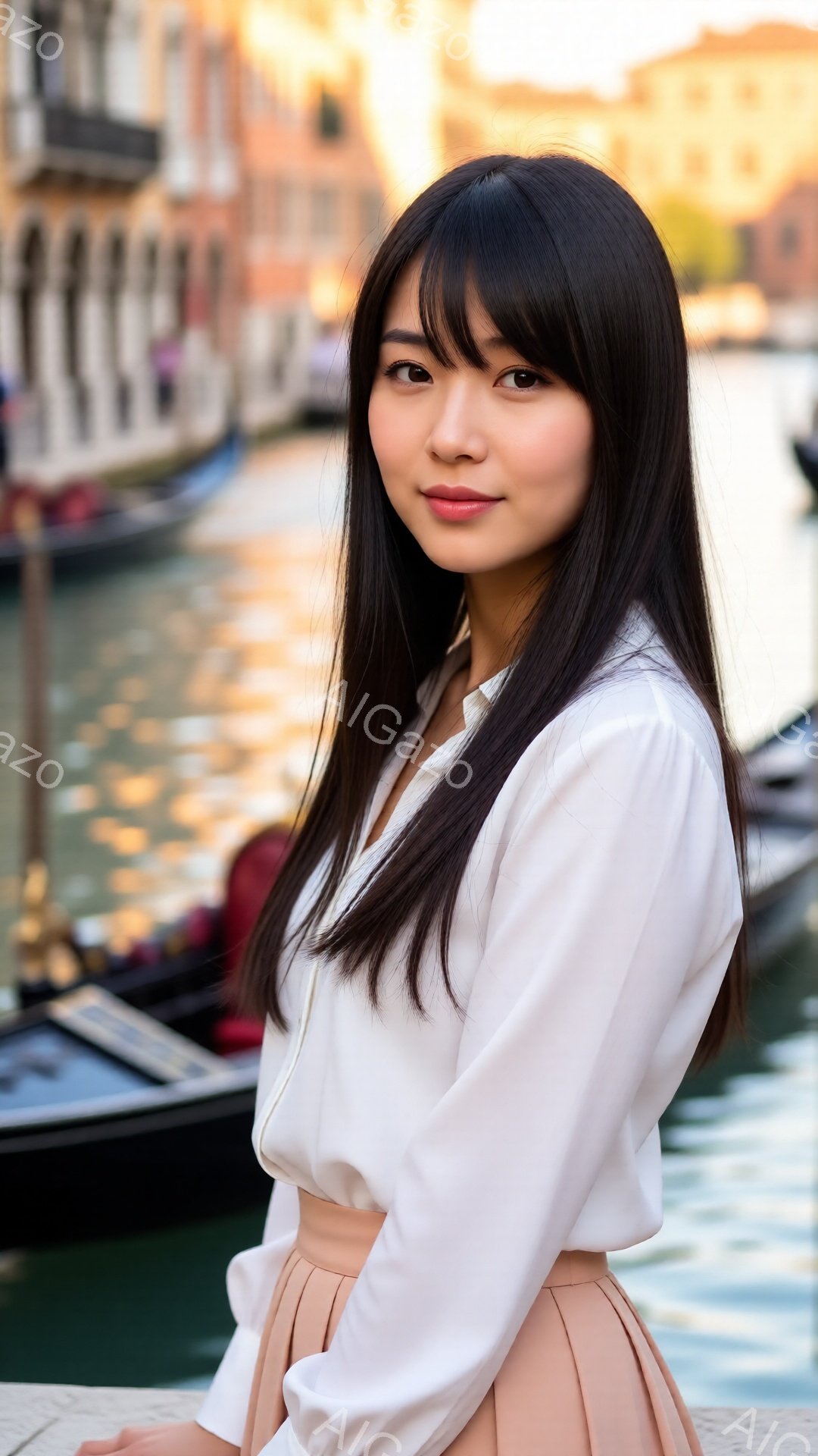 長い黒髪を肩まで伸ばした女性が、白いブラウスとベージュのスカートを身につけて立っています。彼女は少し微笑んでおり、落ち着いた表情を浮かべています。背景には、運河と建物が見え、水面に反射する光が暖かく穏やかな雰囲気を醸し出しています。