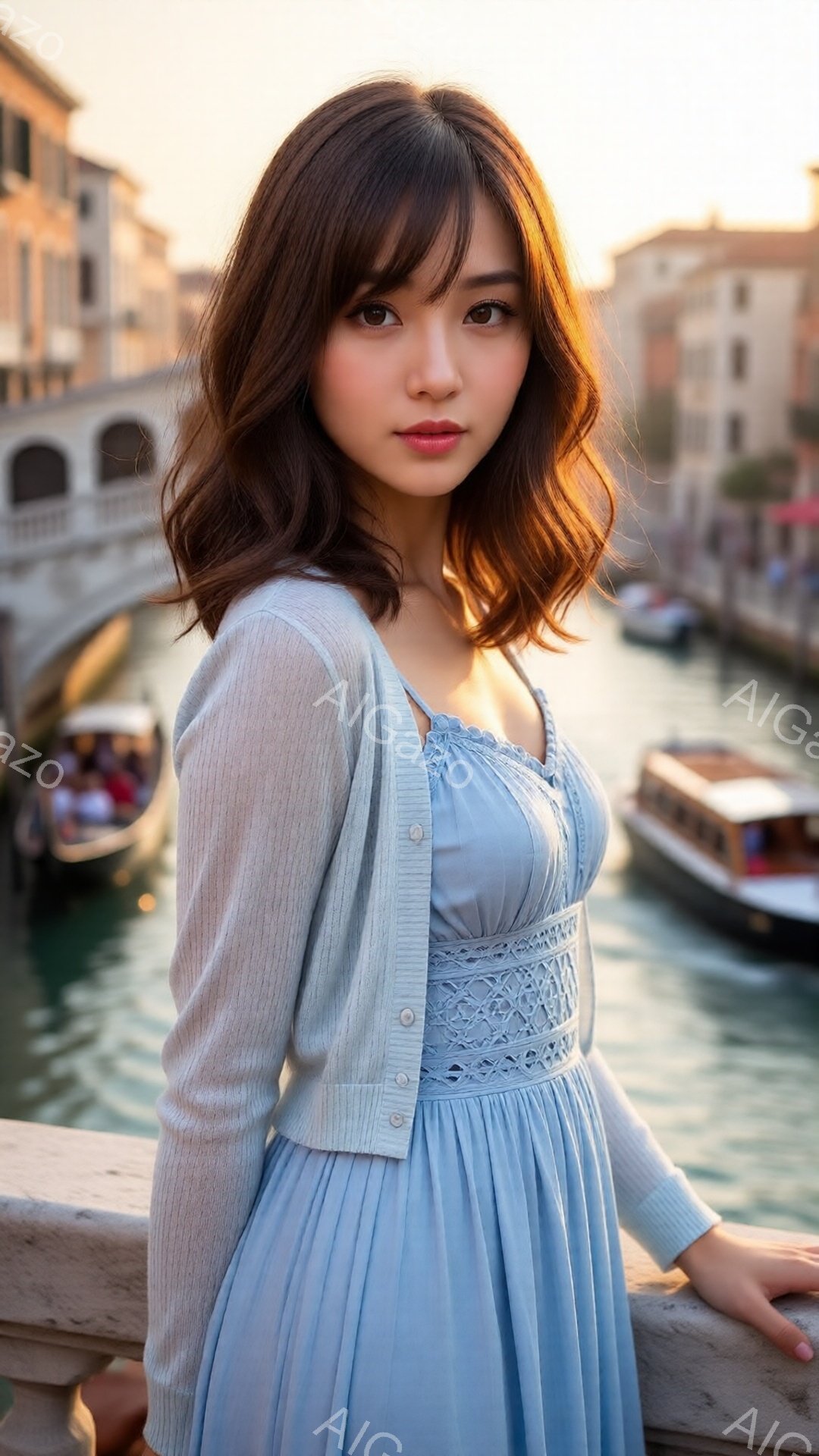 長い茶色の髪を下ろした若い女性が、水路のそばに立っている。淡い水色のワンピースに薄いグレーのカーディガンを羽織り、穏やかな表情でこちらを見ている。背景には、運河と古い建物が並び、夕暮れ時の穏やかでロマンチックな雰囲気が漂っている。