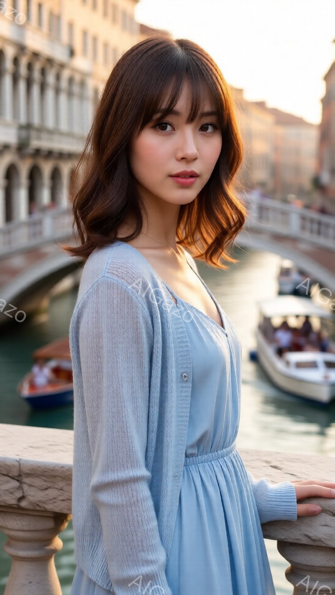 若い女性が水路のそばに立っており、淡い水色のカーディガンとワンピースを身につけている。彼女は少し微笑んでおり、髪は肩にかかる長さで、ゆるやかなウェーブがかかっている。背景にはヴェネツィアの建物とゴンドラやボートが浮かび、夕暮れ時の穏やかな雰囲気が漂っている。