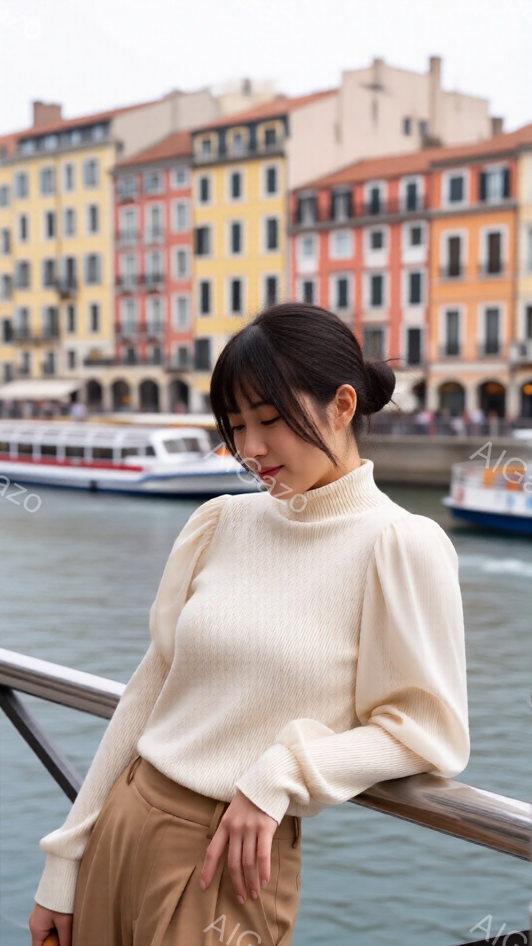 画像には、ベージュ色のニットと茶色のズボンを身に着けた女性が写っています。彼女は少しうつむき加減で、優雅な雰囲気を醸し出しています。背景には、カラフルな建物が並ぶ港の風景が広がり、穏やかな天候と相まって、リラックスした雰囲気を演出しています。