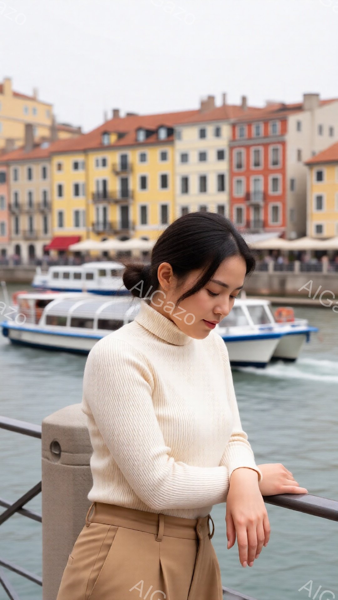 女性はクリーム色のリブニットセーターとベージュ色のパンツを着用し、少しうつむき加減で欄干にもたれている。背景にはカラフルな建物が立ち並び、水面には遊覧船が浮かんでいる。全体的に、穏やかで少し物憂げな雰囲気が漂っている。