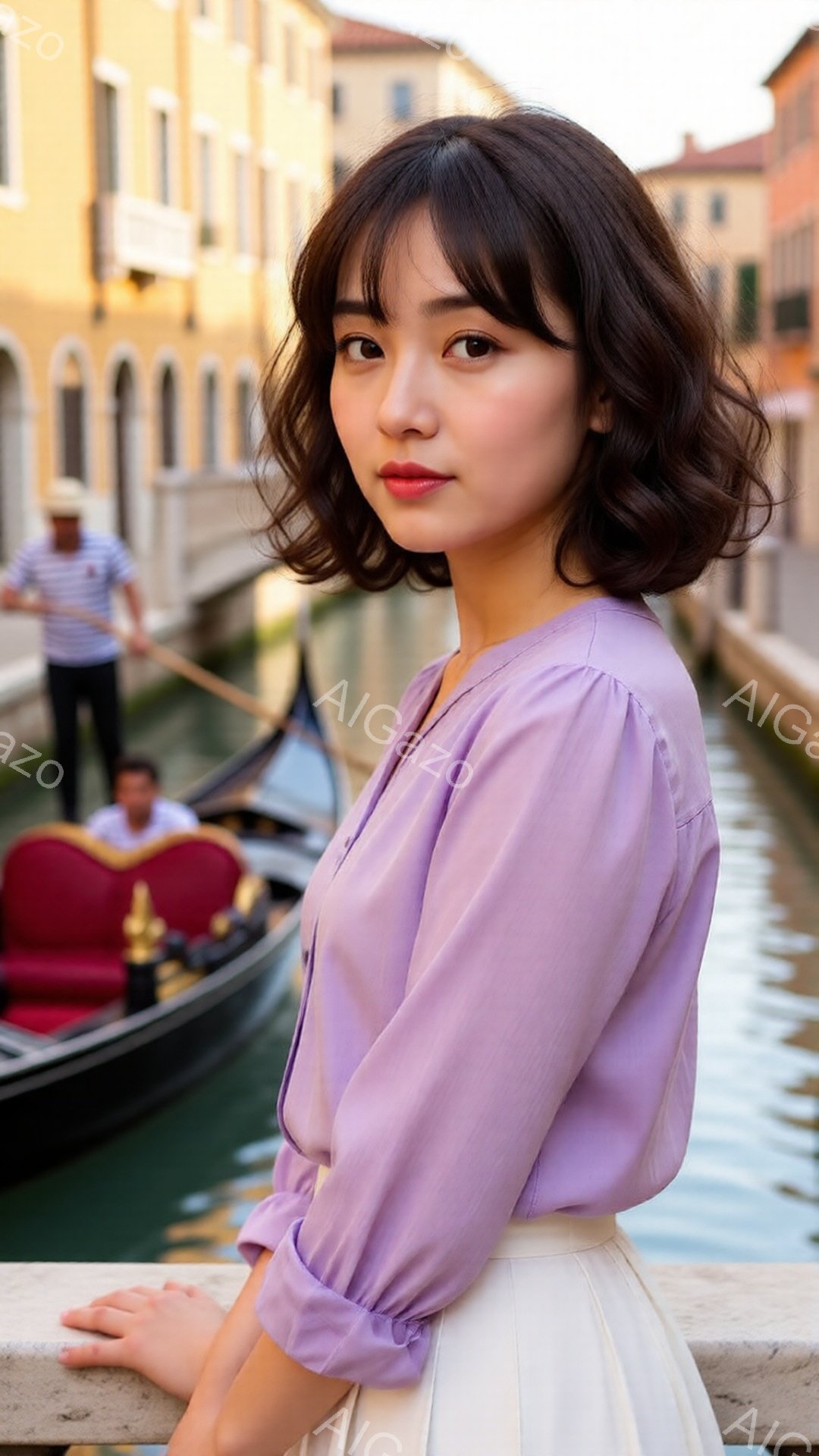 浅いラベンダー色のブラウスと白いスカートを身につけた女性が、運河の石垣に寄りかかっています。彼女は肩を少し落とし、微笑みを浮かべながら、落ち着いた表情をしています。背景には、カラフルな建物が立ち並び、ゴンドラが水面を滑る様子が見え、穏やかで美しいベネチアの雰囲気が漂っています。