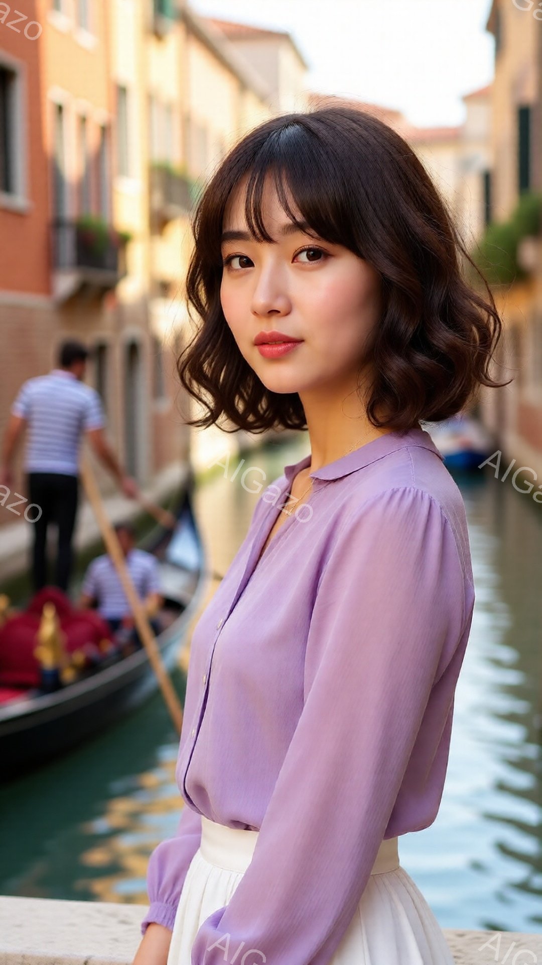 若い女性が、薄紫色のブラウスと白いスカートを着て、穏やかな表情でこちらを見ている。彼女は少し微笑んでおり、髪は肩までの長さで、前髪は眉毛にかかっている。背景にはヴェネツィアの運河と建物が見え、ボートが水面を滑る様子が描かれ、暖かい日差しが全体を照らしている。