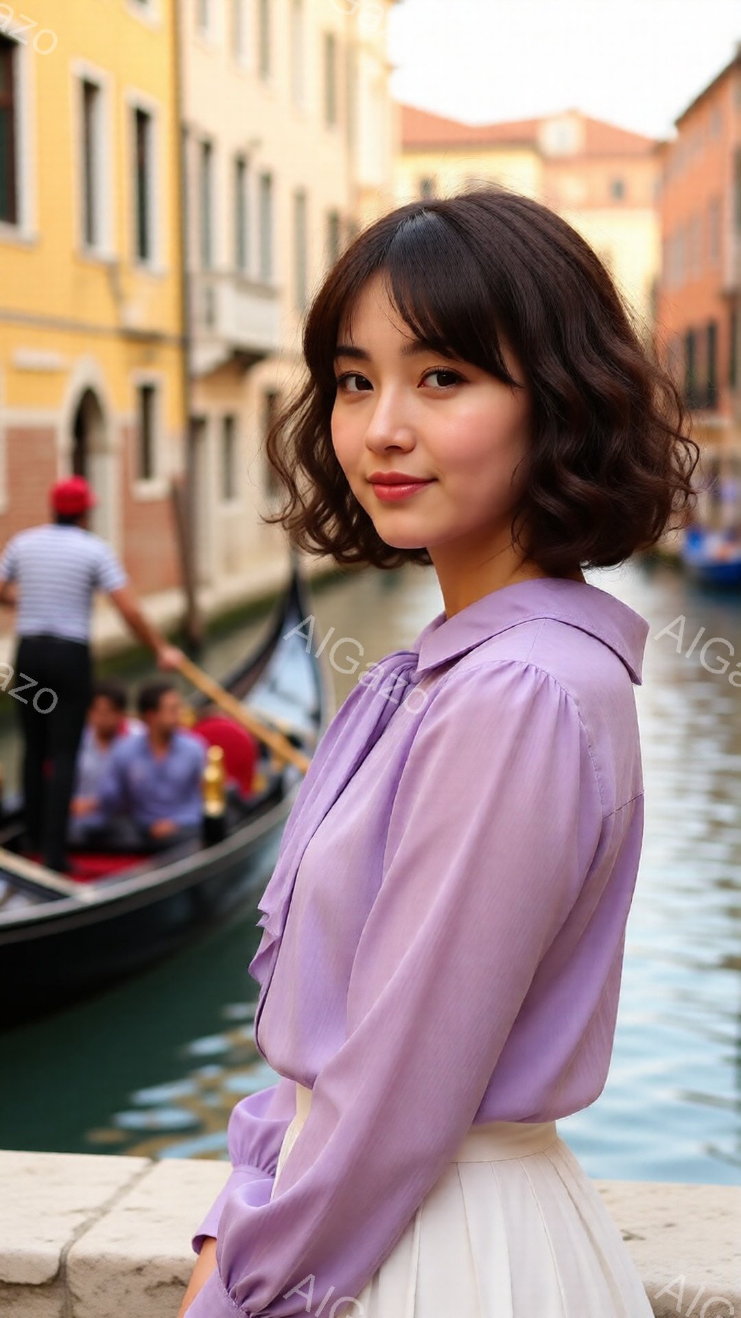 明るい紫色のブラウスに白いスカートを着用した若い女性が、ヴェネツィアの運河沿いの石垣に寄りかかっている。彼女は少し微笑み、髪は肩までの長さで軽くカールしている。背景には、カラフルな建物が立ち並び、水面にはゴンドラが浮かび、穏やかで美しい雰囲気を醸し出している。