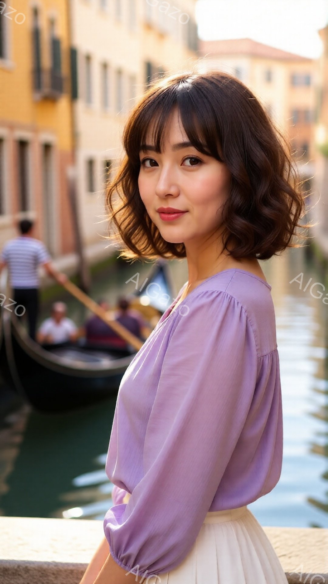 画像には、紫色のパフスリーブブラウスと白いスカートを身につけた女性が写っています。彼女は少し微笑み、カメラの方を見ており、髪は肩までの長さでゆるく巻かれています。背景には、ヴェネツィアの運河とゴンドラ、そしてカラフルな建物が見え、穏やかで美しい雰囲気を醸し出しています。
