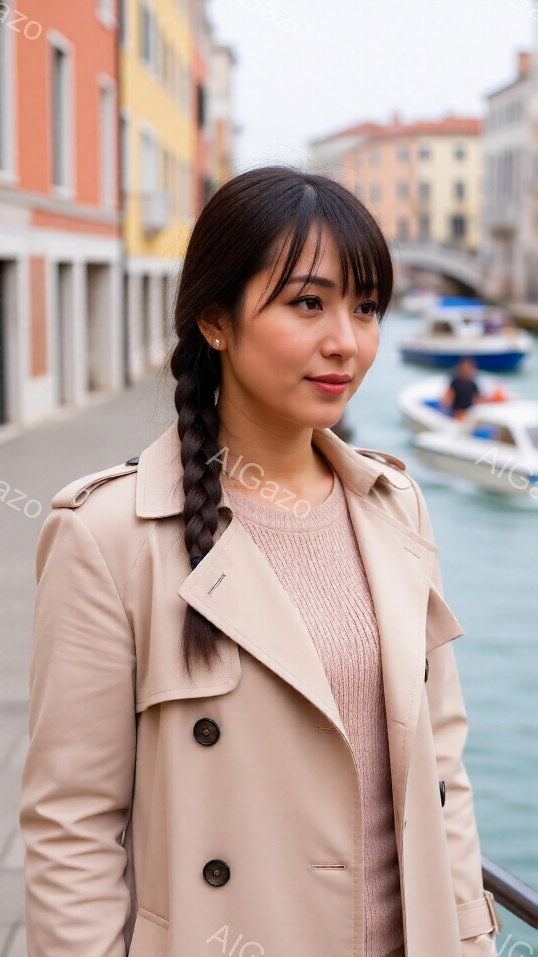 茶髪の女性がベージュ色のトレンチコートとピンク色のセーターを着て、三つ編みの髪で右を向いています。彼女は穏やかな表情で、背景には運河とカラフルな建物が見えます。天気は曇りですが、運河の水面は穏やかで、 - AI生成フリー素材