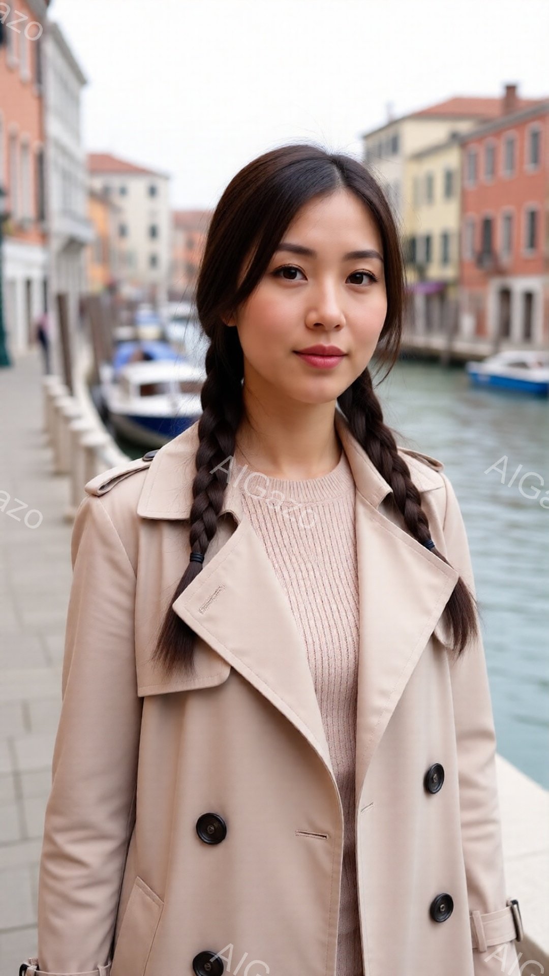 長い髪を二つに編み込み、ベージュのトレンチコートとセーターを着た女性が写っています。彼女は穏やかな表情で、わずかに微笑んでいます。背景には運河とカラフルな建物が見え、曇り空の下で穏やかな雰囲気が漂って - AI生成フリー素材