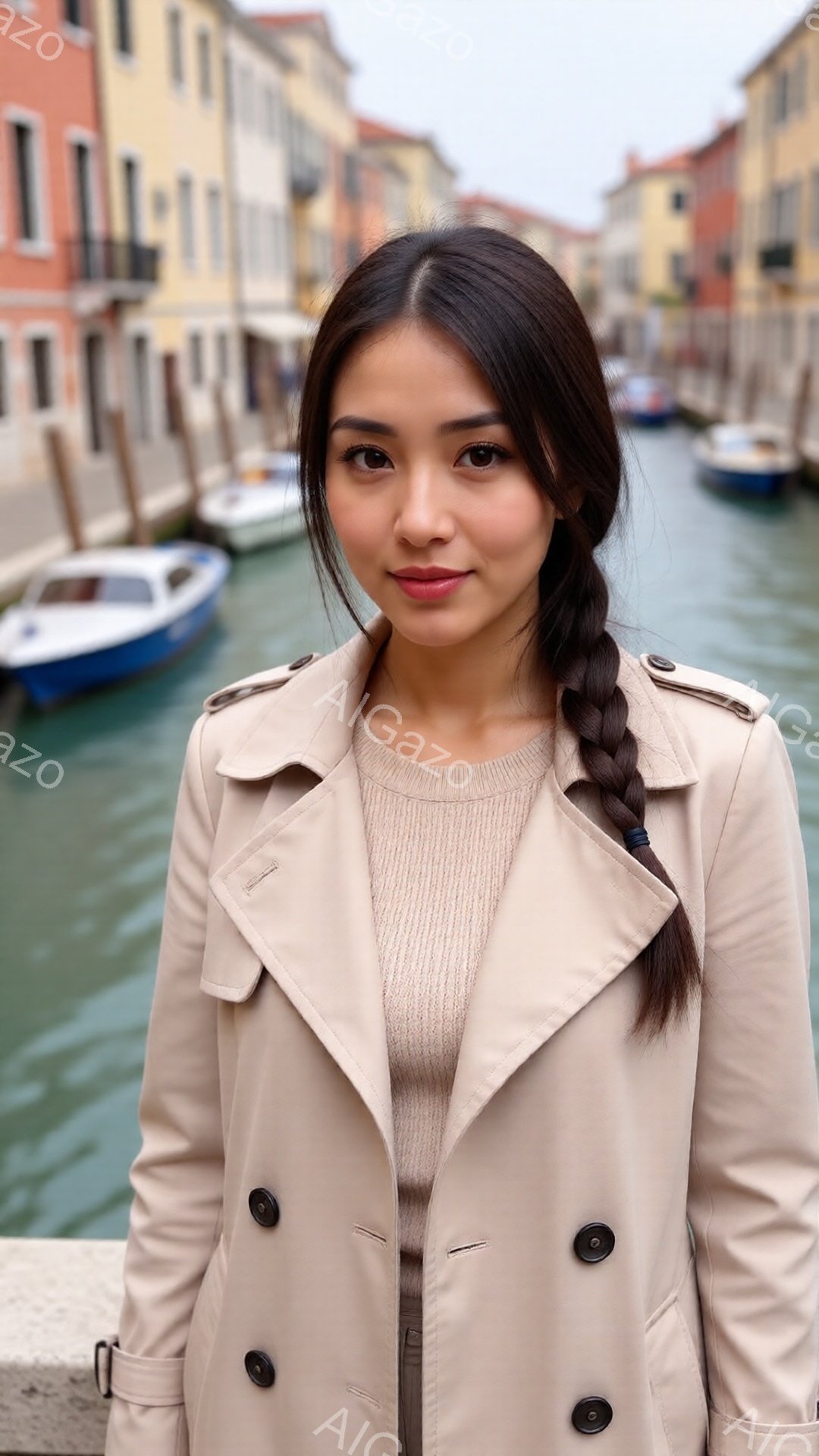 長い髪を三つ編みにした女性が、ベージュ色のトレンチコートとニットを着てカメラに向かって微笑んでいます。背景には、カラフルな建物が立ち並び、水路にはボートが浮かんでいます。全体的に穏やかで、イタリアのヴェネツィアのような水辺の風景が印象的です。