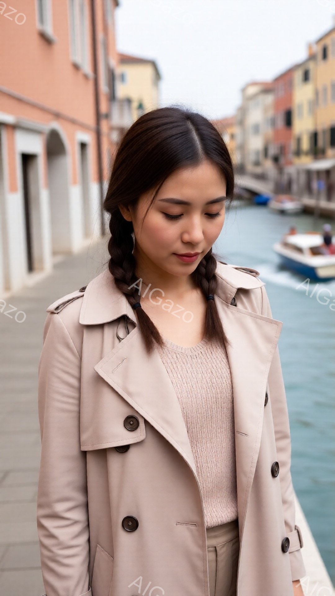 女性はベージュ色のトレンチコートと薄いピンク色のセーターを着ており、髪は二つに分けて編み込まれています。彼女は少しうつむき加減で、穏やかな表情をしています。背景には運河とカラフルな建物が並び、曇り空の - AI生成フリー素材