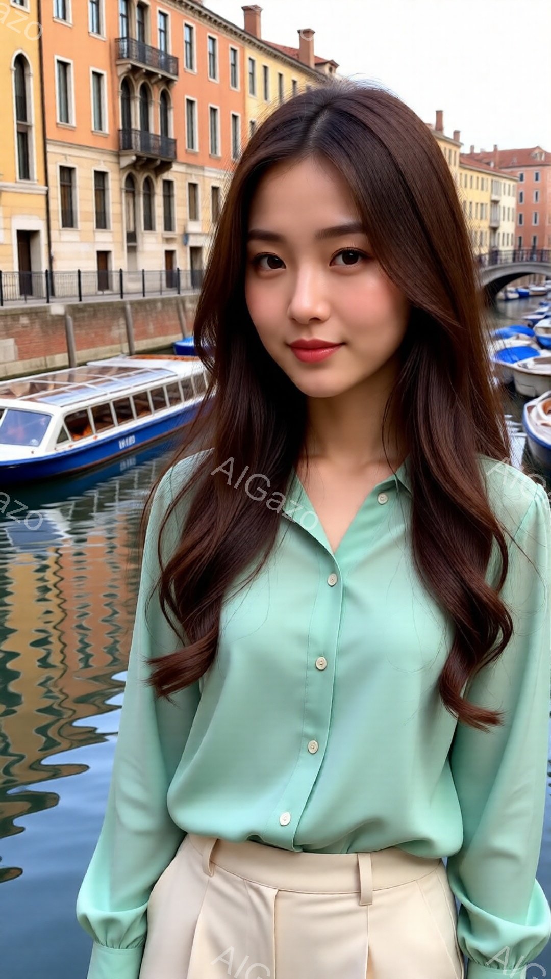 画像には、水路沿いに立つ若い女性が写っています。彼女はターコイズブルーの長袖ブラウスとクリーム色のズボンを着用し、長い茶色の髪は肩にかかっています。背景には、カラフルな建物が並ぶ運河と、水面に映る光が見え、穏やかで美しい雰囲気が漂っています。