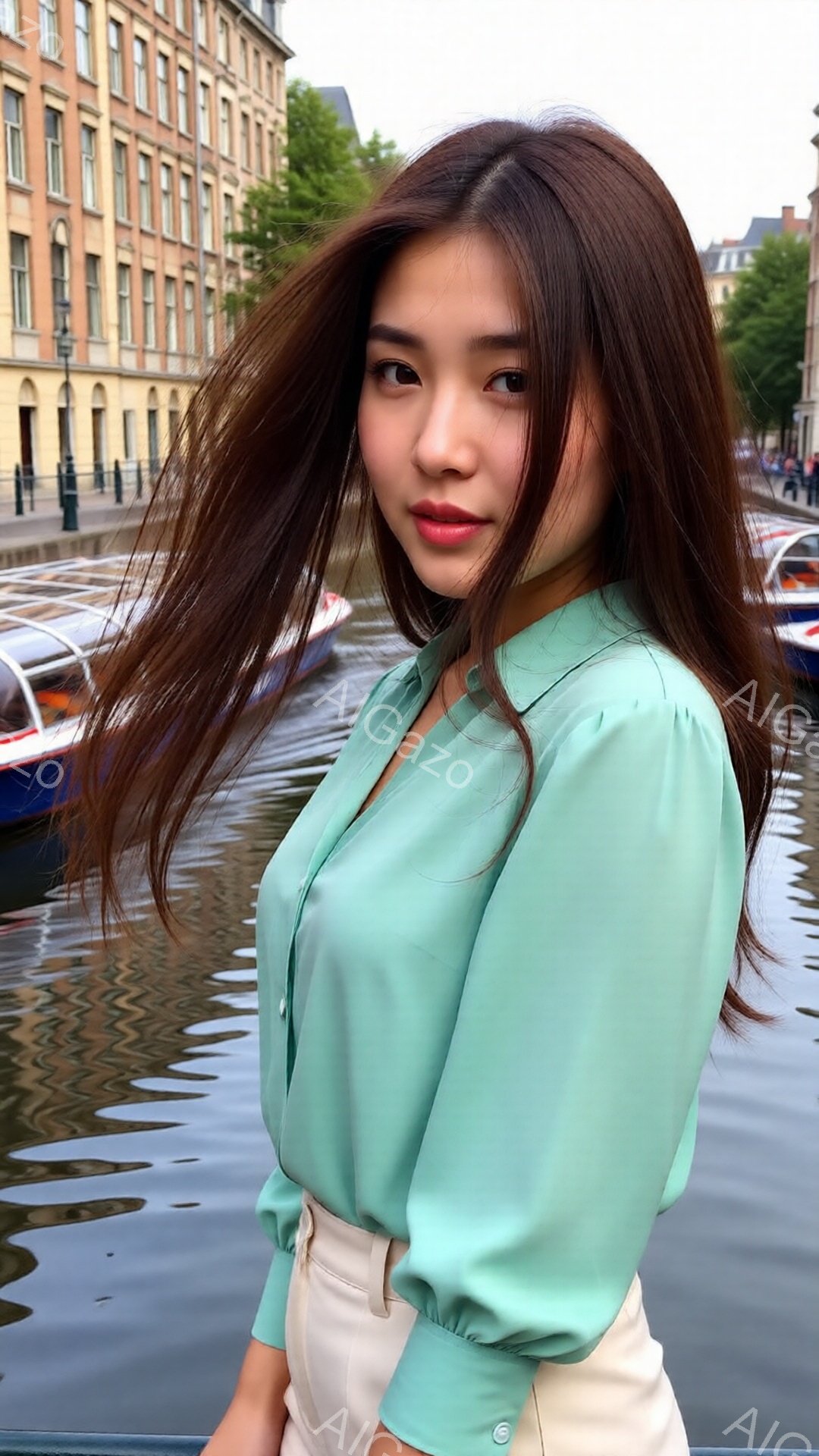 長い茶色の髪が風になびき、ターコイズブルーのシャツとオフホワイトのパンツを着た女性が写っている。彼女はカメラに向かって微笑んでおり、リラックスした表情をしている。背景には運河とレンガ造りの建物が見え、 - AI生成フリー素材