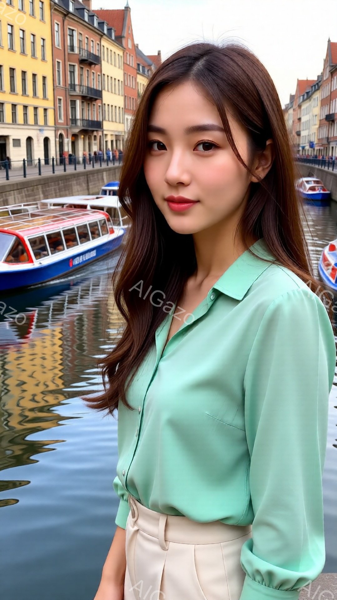 長い黒髪をなびかせた女性が、ターコイズブルーのシャツとベージュのパンツ姿で立っている。彼女はわずかに微笑み、リラックスした様子でカメラを見つめている。背景には運河と美しい建物が並び、水面に映る光が穏や - AI生成フリー素材
