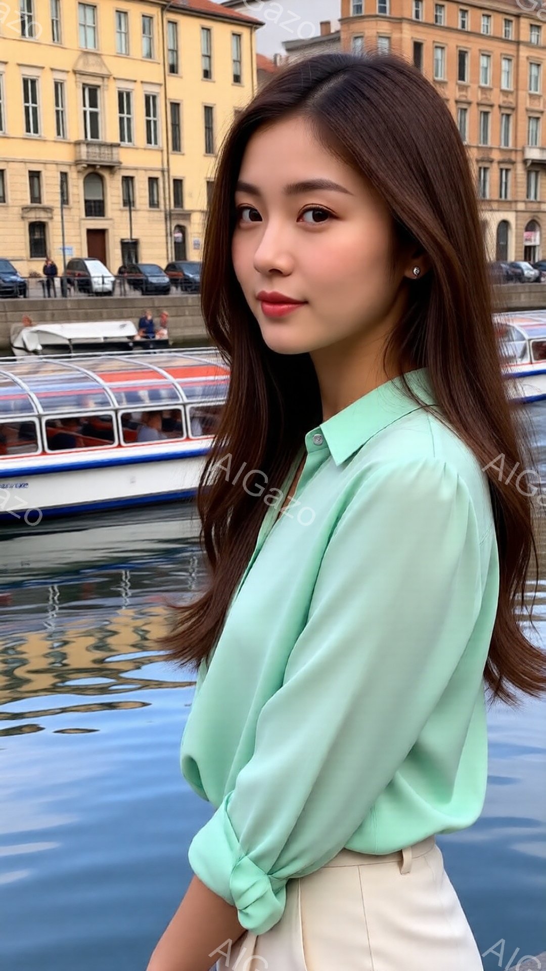 明るい緑色のシャツを着た若い女性が写っている。彼女は少し微笑んでおり、長い茶色の髪が肩にかかっている。背景には、水路と並ぶ建物が見え、晴れた日の穏やかな雰囲気が漂っている。