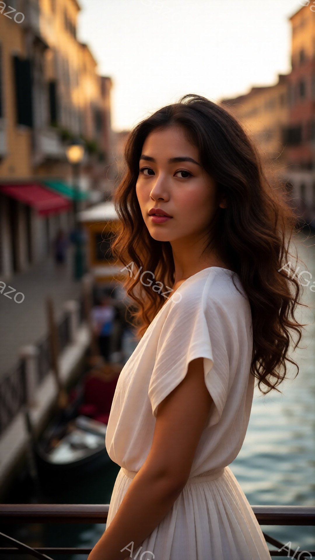 長い巻き毛の女性が、クリーム色のゆったりとしたワンピースを着て、運河沿いの柵にもたれかかって立っています。彼女はカメラに向かって少し微笑んでおり、穏やかでリラックスした表情を浮かべています。背景には、水面に反射する運河と、歴史的な建物が並び、夕暮れ時の柔らかい光に包まれたヴェネツィアの風景が広がっています。