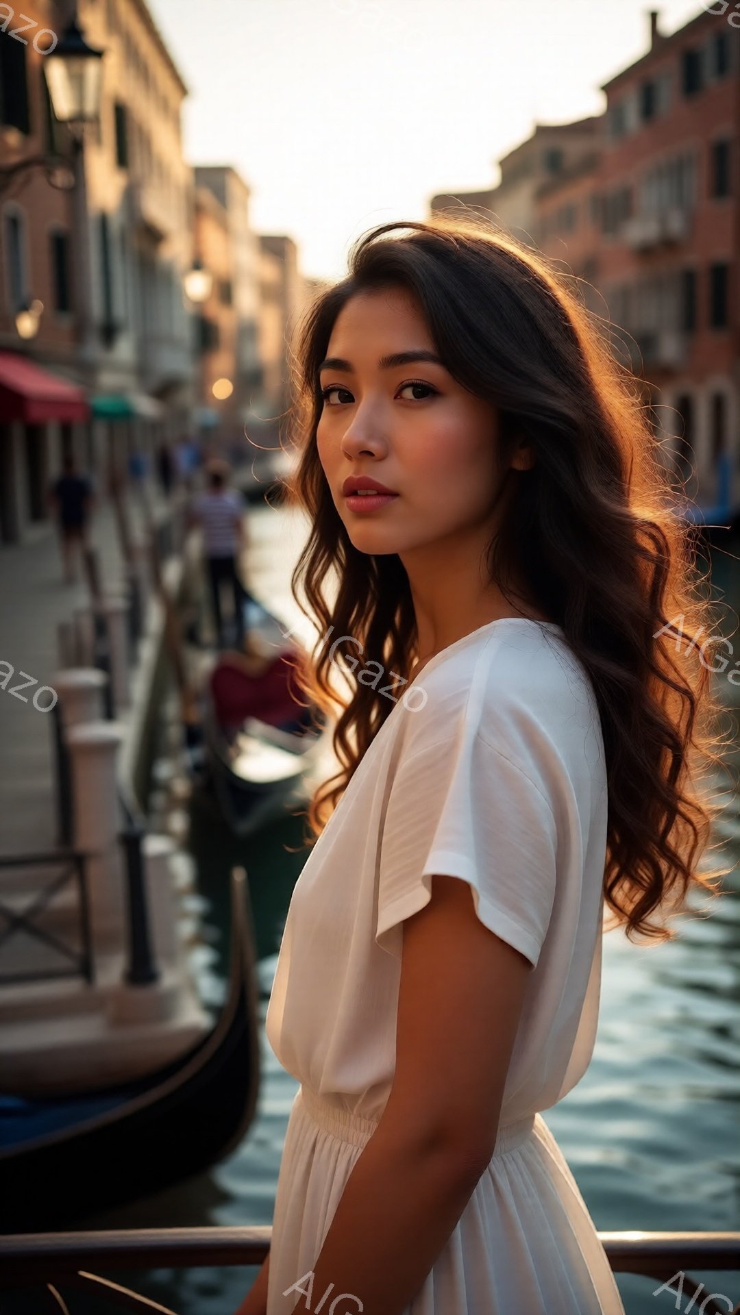 長い巻き毛の女性が白いドレスを着て、運河のそばに立っている。彼女は少し横を向き、微笑んでいるように見える。背景には、ヴェネツィアの建物とゴンドラが並び、夕暮れ時の暖かい光が全体を包み込み、ロマンチック - AI生成フリー素材