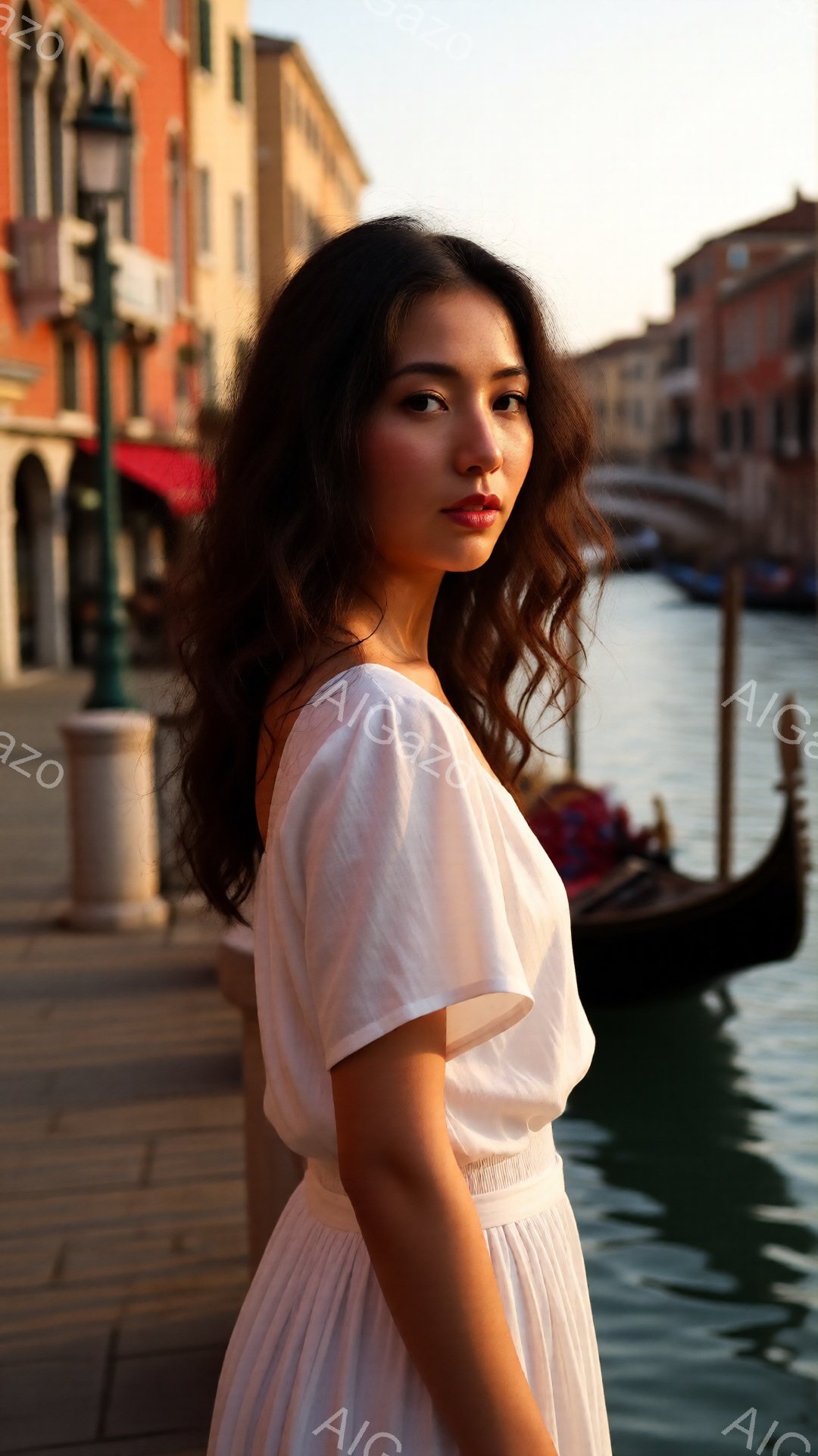 長い巻き毛の女性が白いリネン風のドレスを着て、少し横を向いて立っています。彼女の表情は落ち着いており、わずかに微笑んでいるように見えます。背景には、ヴェネツィアの運河とカラフルな建物、そしてゴンドラがぼんやりと見え、温かく穏やかな雰囲気を醸し出しています。
