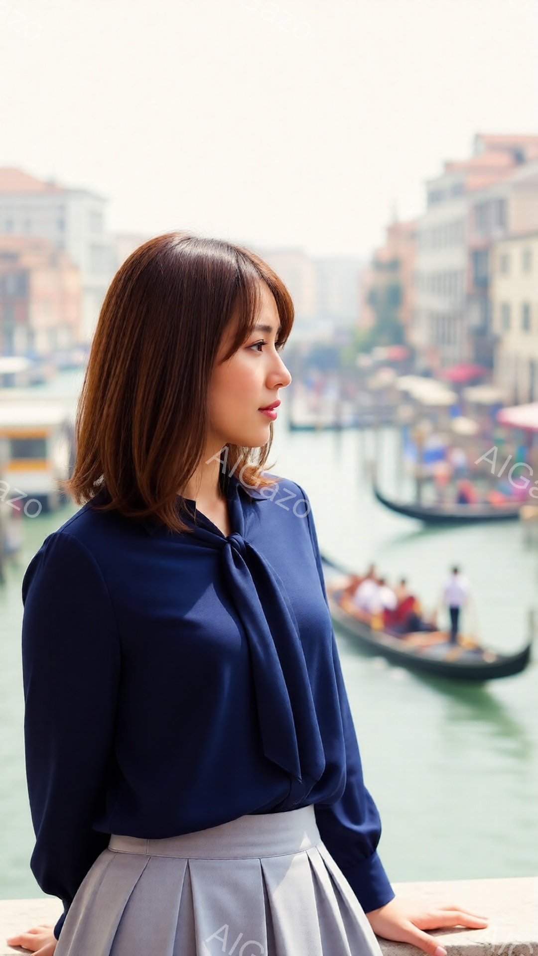画像には、青いブラウスとグレーのスカートを着た女性が写っています。彼女は少し微笑んでおり、ヴェネツィアの運河を眺めています。背景には、カラフルな建物が並び、ゴンドラが水面を滑る様子が描かれ、穏やかで美 - AI生成フリー素材