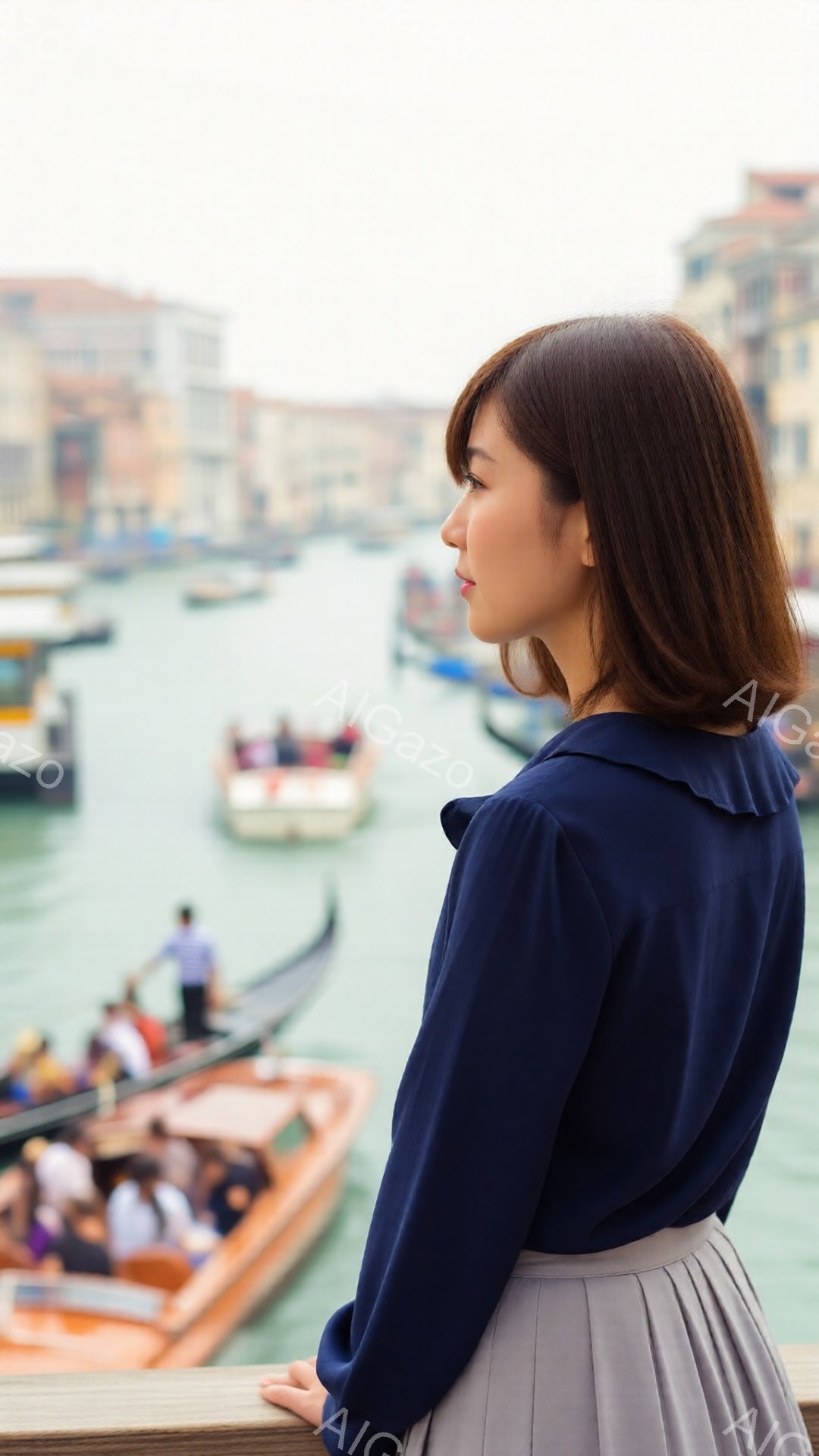 紺色のブラウスとグレーのスカートを身につけた女性が、運河を背景に横向きに立っている。彼女は髪を短くカットし、穏やかな表情で遠くを見つめている。背景にはヴェネツィアの建物と多数のボートが見え、水面は穏やかで、全体的に静かで美しい雰囲気が漂っている。
