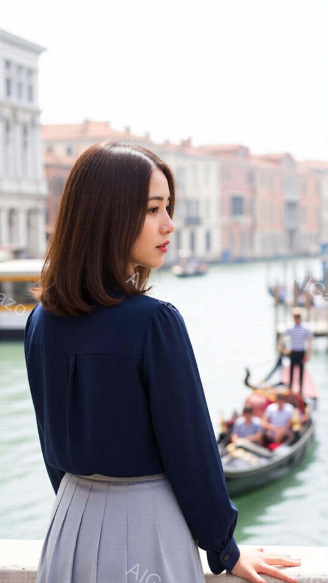 画像には、紺色のブラウスとグレーのプリーツスカートを身に着けた女性が写っています。彼女は後ろ姿で、少し顔を振り返っており、穏やかな表情をしています。背景には、運河とゴンドラ、カラフルな建物が並び、穏やかで少しノスタルジックな雰囲気が漂っています。
