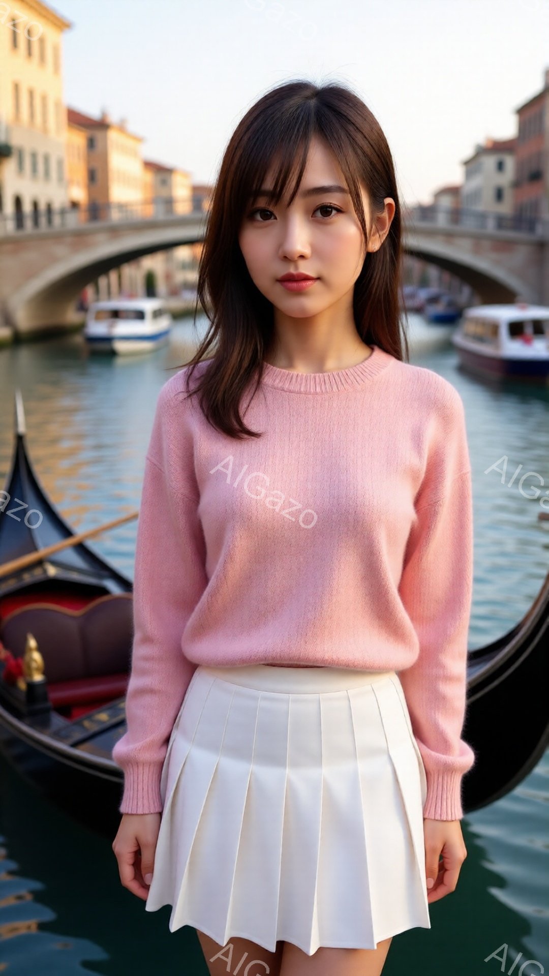画像には、ピンク色のセーターと白いプリーツスカートを着用した若い女性が写っています。彼女は正面をまっすぐ見つめ、穏やかな表情を浮かべています。背景には、運河、ゴンドラ、ヴェネツィアの建物が見え、日差し - AI生成フリー素材