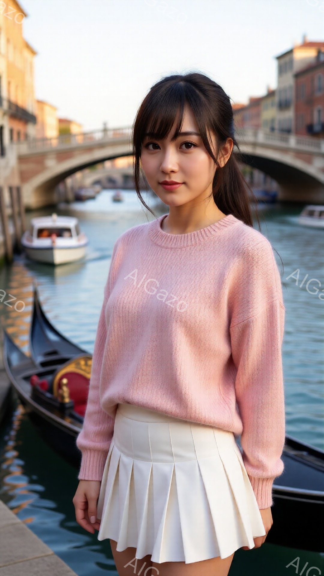 若い女性がピンク色のセーターと白いプリーツスカートを着て、穏やかな表情でこちらを見ています。彼女は黒髪をポニーテールにし、姿勢よく立っています。背景には運河、ゴンドラ、そして石造りの建物が見え、晴れた - AI生成フリー素材