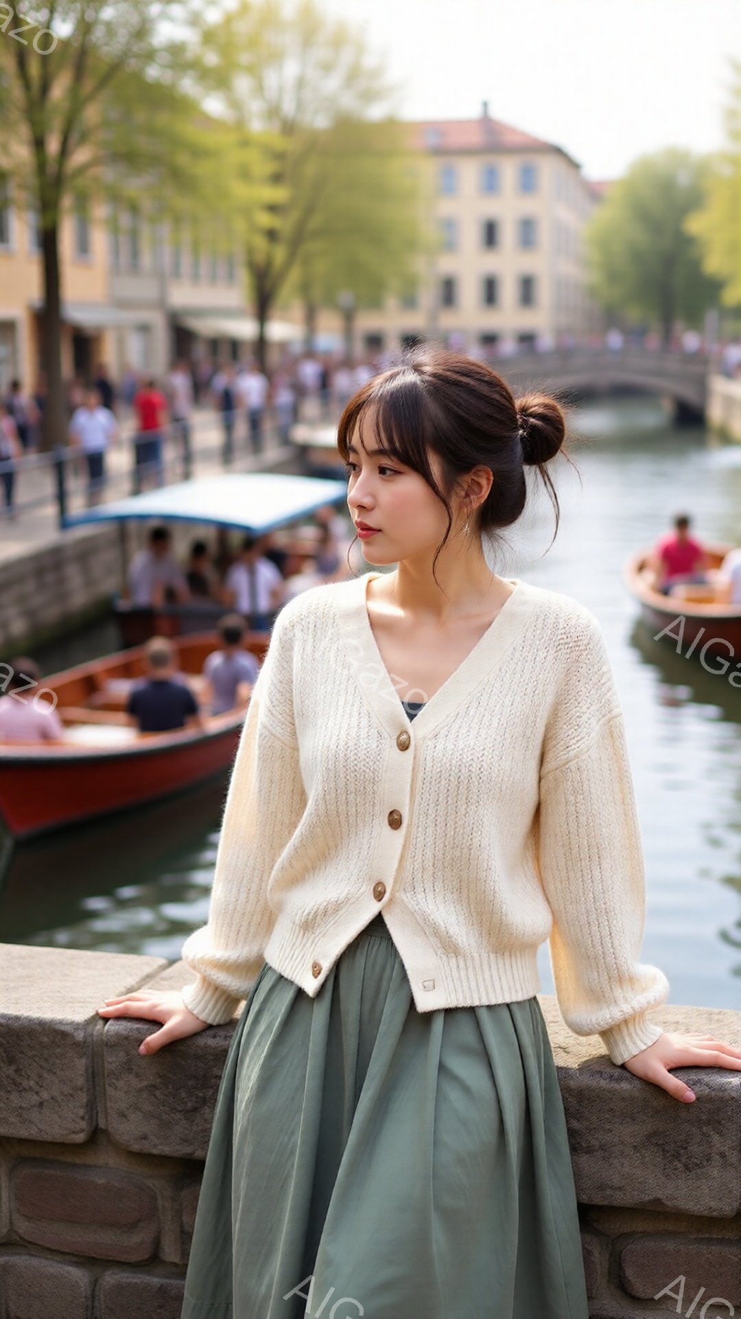若い女性がクリーム色の編みカーディガンとオリーブグリーンのスカートを身につけ、石造りの欄干にもたれて立っている。彼女はダークブラウンの髪をハーフアップにし、横顔を見せながら少し微笑んでいる。背景には運河、ボート、そしてイタリアの建物が並び、晴れた日の穏やかな雰囲気を醸し出している。