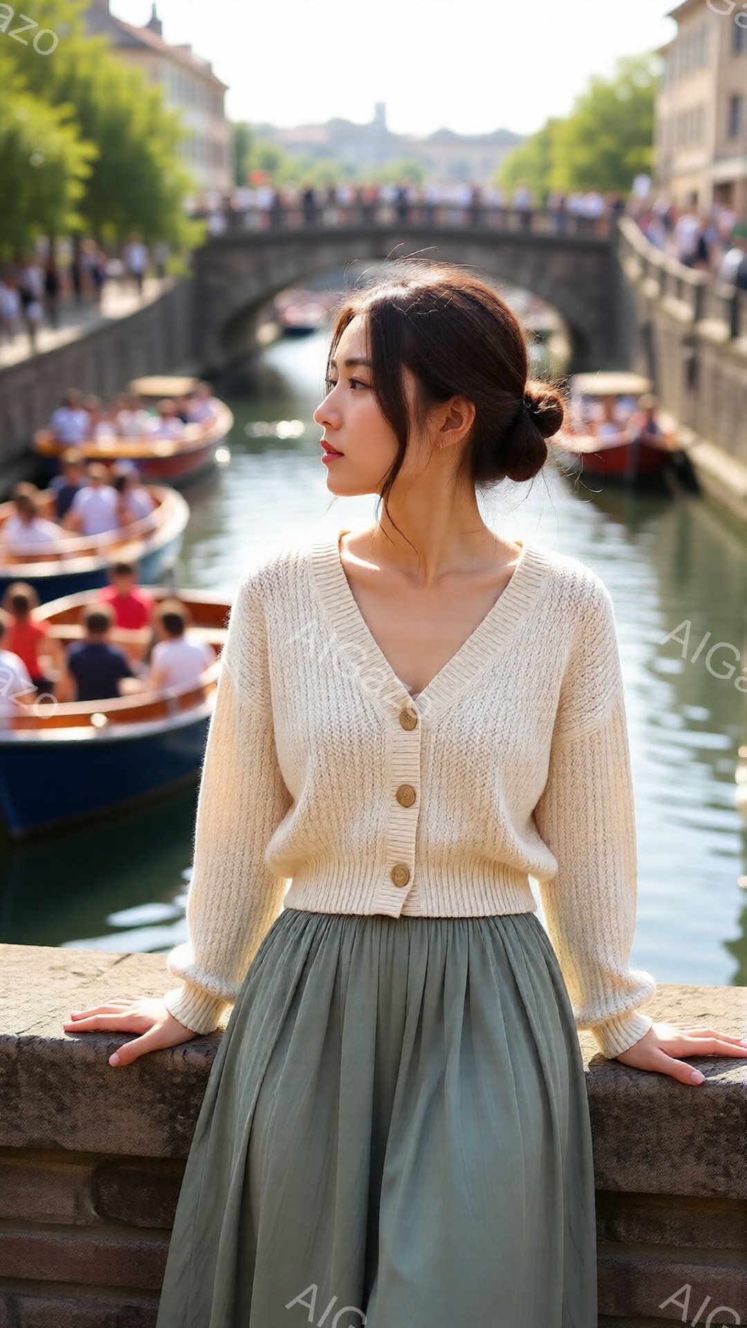 長い袖のオフホワイトのカーディガンと、明るいオリーブグリーンのフレアスカートを着た女性が、水路の石垣に寄りかかって立っている。彼女は黒髪を後ろでまとめ、横顔で少し憂いを帯びた表情をしている。背景には青いボートが並び、石造りの建物と穏やかな水面が広がり、平和で穏やかな雰囲気を醸し出している。