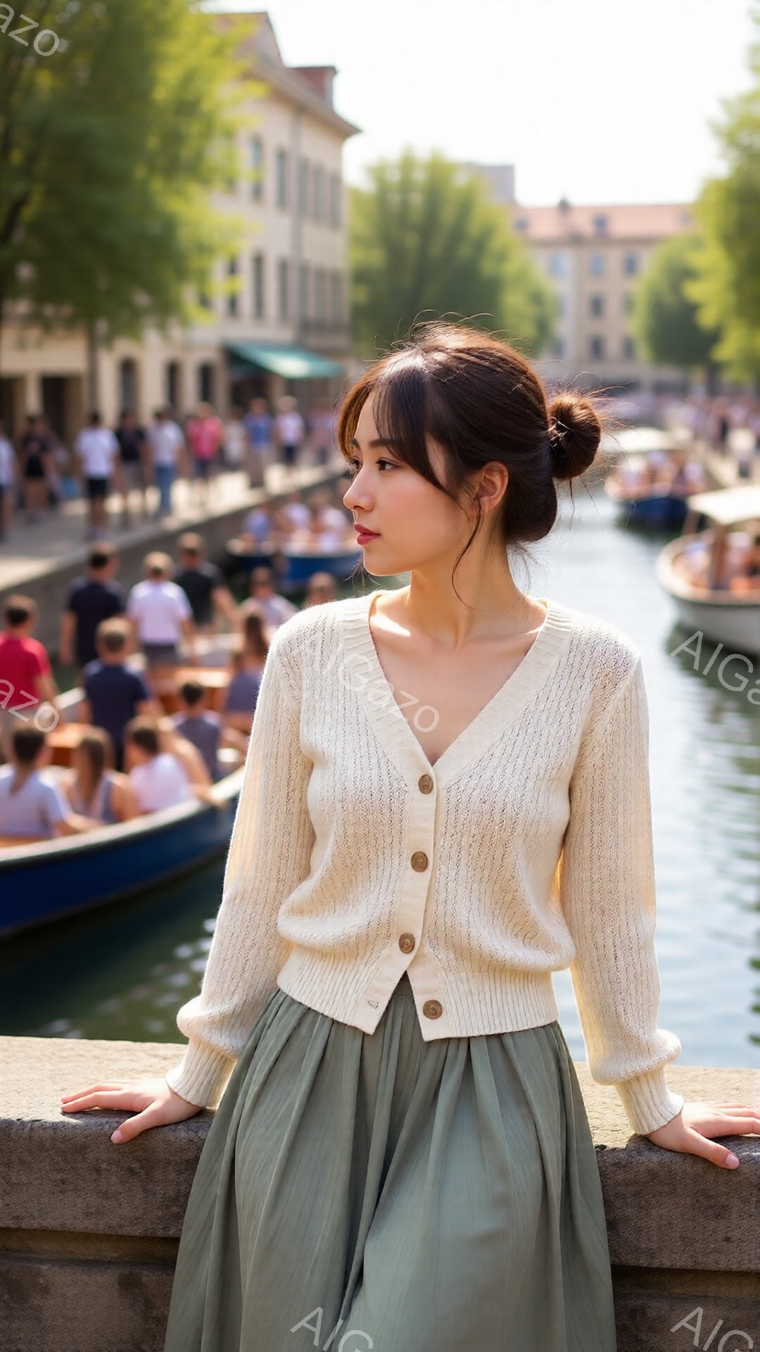 画像には、クリーム色のニットカーディガンにオリーブグリーンのプリーツスカートを着用した若い女性が写っています。彼女は髪を後ろでまとめ、少し横を向いて穏やかな表情を浮かべています。背景には、運河とボート、そして石造りの建物が並び、晴れた日の穏やかな雰囲気が漂っています。