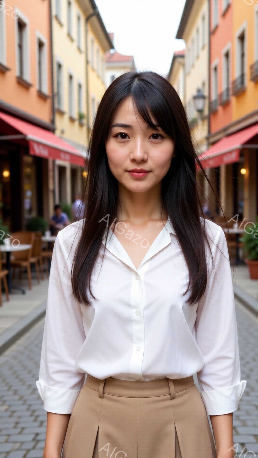 長い黒髪で、前髪が眉毛にかかる女性が、白いブラウスとベージュ色のパンツを着用して正面を向いています。彼女は穏やかな表情で、リラックスした姿勢で立っています。背景には、レンガ造りの道とカラフルな建物が並 - AI生成フリー素材