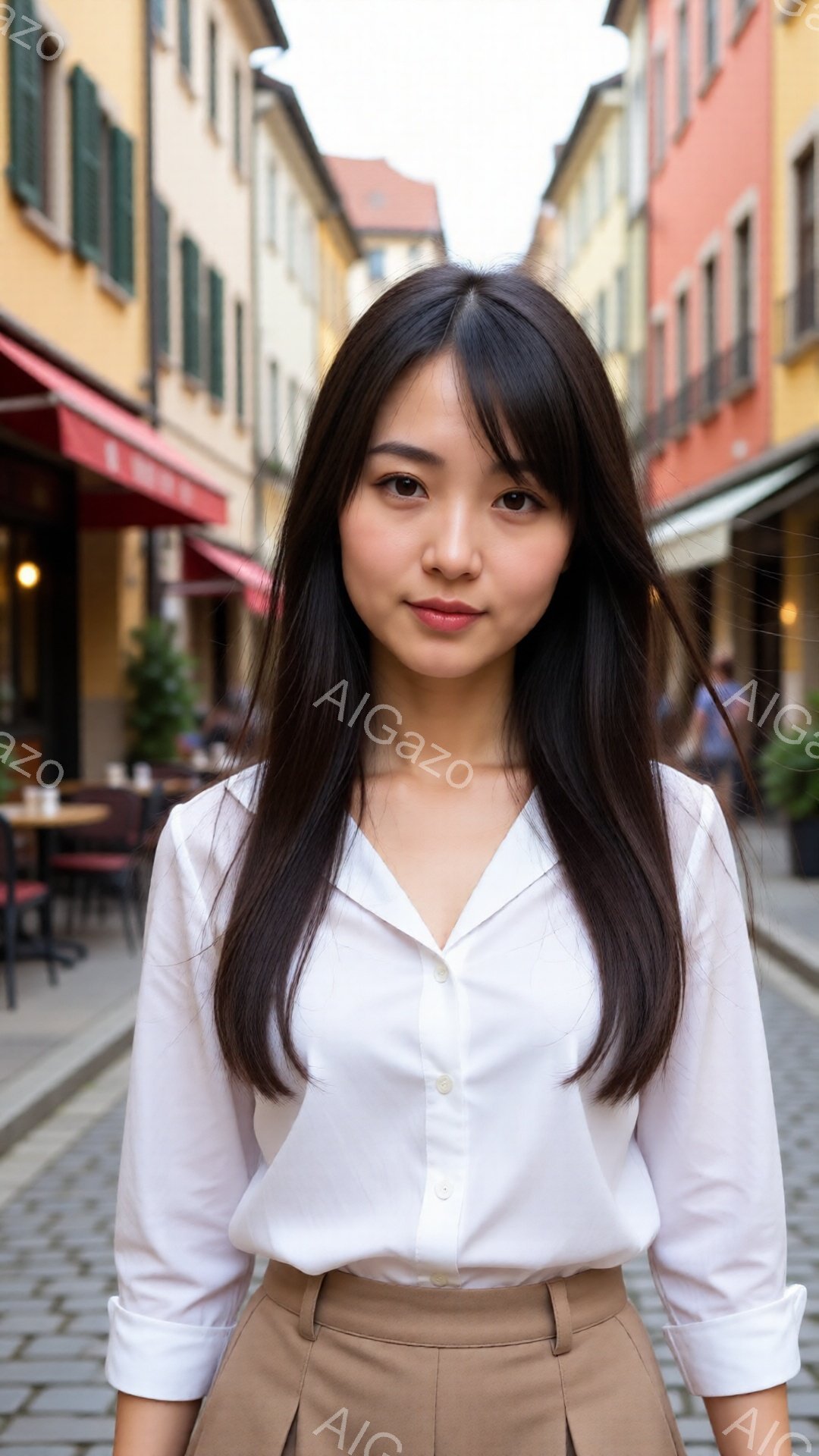 長い黒髪をセンターパートにした女性が、白いシャツとベージュ色のズボンを着用して立っている。彼女はわずかに微笑み、カメラの方をまっすぐ見ている。背景には、カラフルな建物が立ち並ぶ石畳の道があり、晴れた日の穏やかな雰囲気が感じられる。