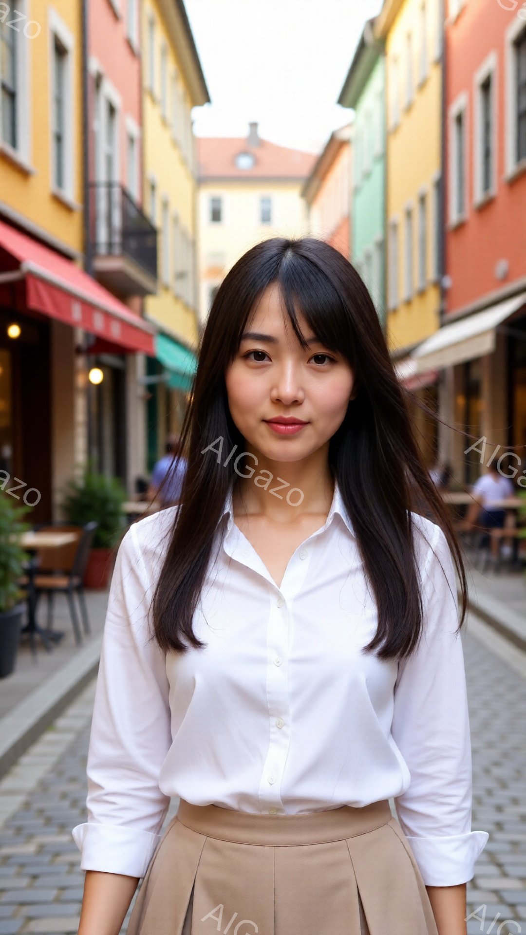 長い黒髪をセンターパートにした女性が、白いシャツとベージュのパンツを着用して正面を向いています。彼女はわずかに微笑み、リラックスした姿勢で立っています。背景は石畳の道に沿ってカラフルな建物が並び、晴れ - AI生成フリー素材