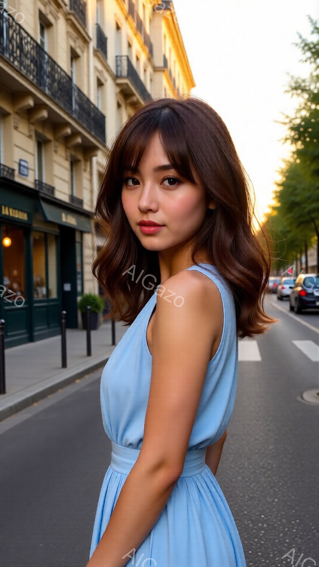 明るい水色のワンピースを着た若い女性が、石畳の道端でこちらを見て微笑んでいます。彼女はダークブラウンのゆるいカールヘアで、少し横を向いており、背景にはパリらしい石造りの建物と緑の木々が見えます。夕暮れ時の柔らかな光が、穏やかでロマンチックな雰囲気を醸し出しています。