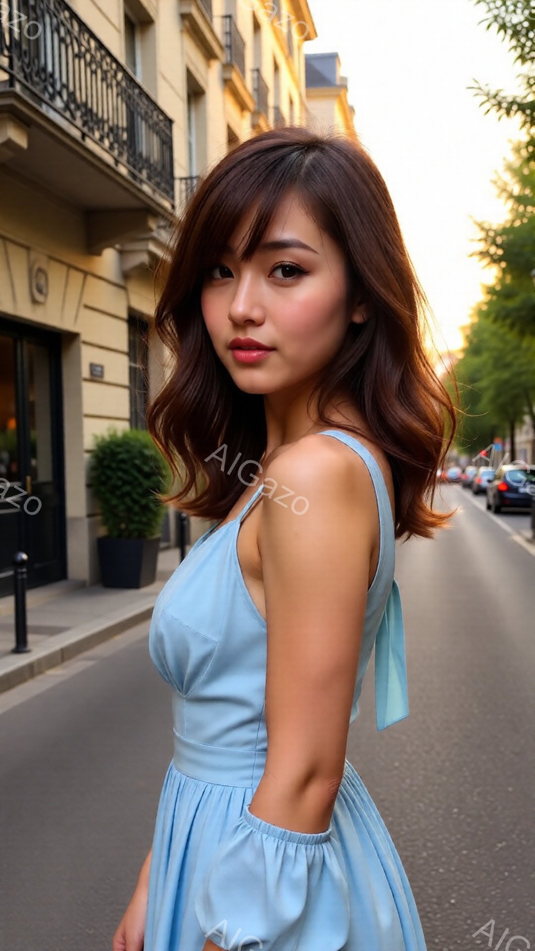 淡い水色のノースリーブワンピースを着た女性が、石畳の道沿いに立っています。彼女は肩を少し落とした自然な姿勢で、微笑みを浮かべ、髪は肩にかかる長さでふんわりとカールしています。背景には石造りの建物が並び、緑豊かな木々と穏やかな日差しが、パリの街並みを優しく包み込んでいます。