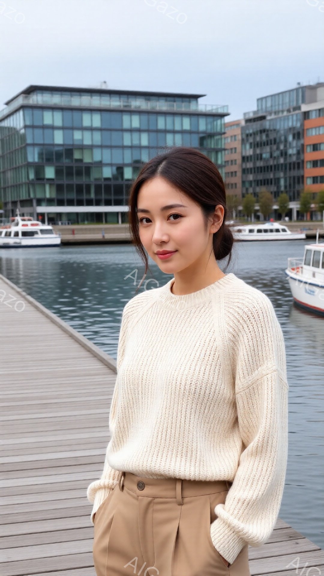 明るいクリーム色のざっくりとしたニットセーターと、キャメル色のテーパードパンツを身につけた女性が写っている。彼女は軽く微笑み、髪を後ろでまとめ、リラックスした姿勢で桟橋の上に立っている。背景には近代的 - AI生成フリー素材