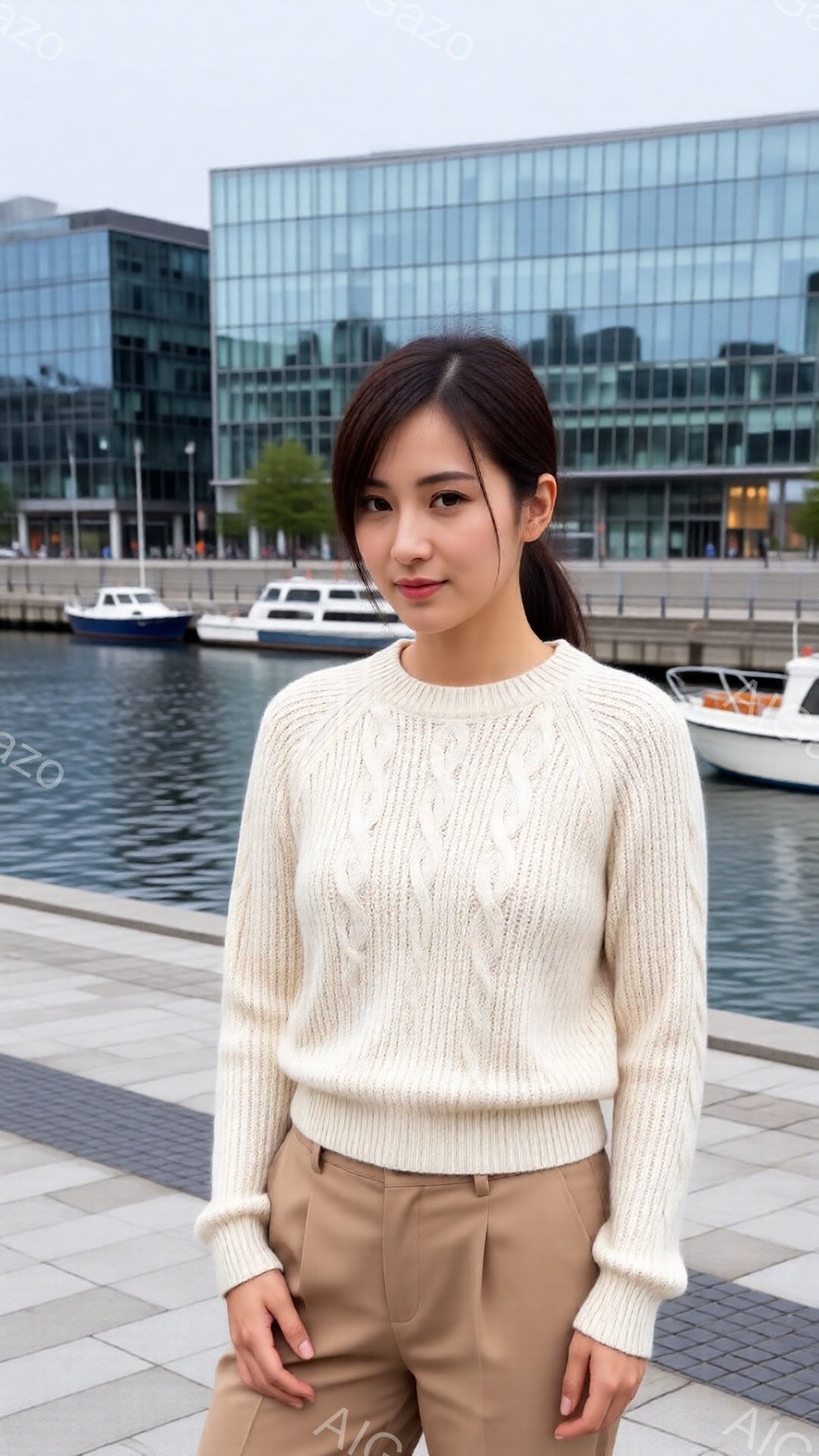 画像には、ベージュのニットセーターとパンツを着用した若い女性が写っています。彼女は軽く微笑んでおり、髪は後ろで一つに結ばれています。背景には近代的な建物と水辺があり、穏やかな晴天の日の雰囲気が感じられ - AI生成フリー素材