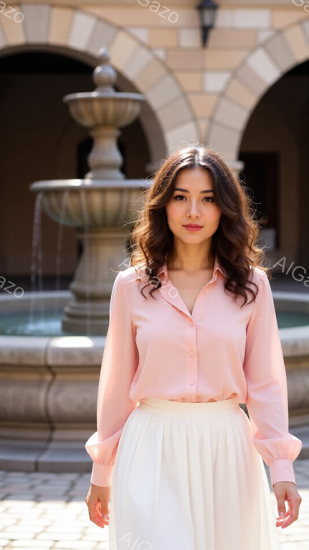 長い巻き毛の髪をした女性が、ピンク色のブラウスと白いスカートを着て、カメラの方を向いています。彼女は微笑んでおり、姿勢も良く、優雅な雰囲気を醸し出しています。背景には石造りの噴水やアーチ状の建物があり - AI生成フリー素材