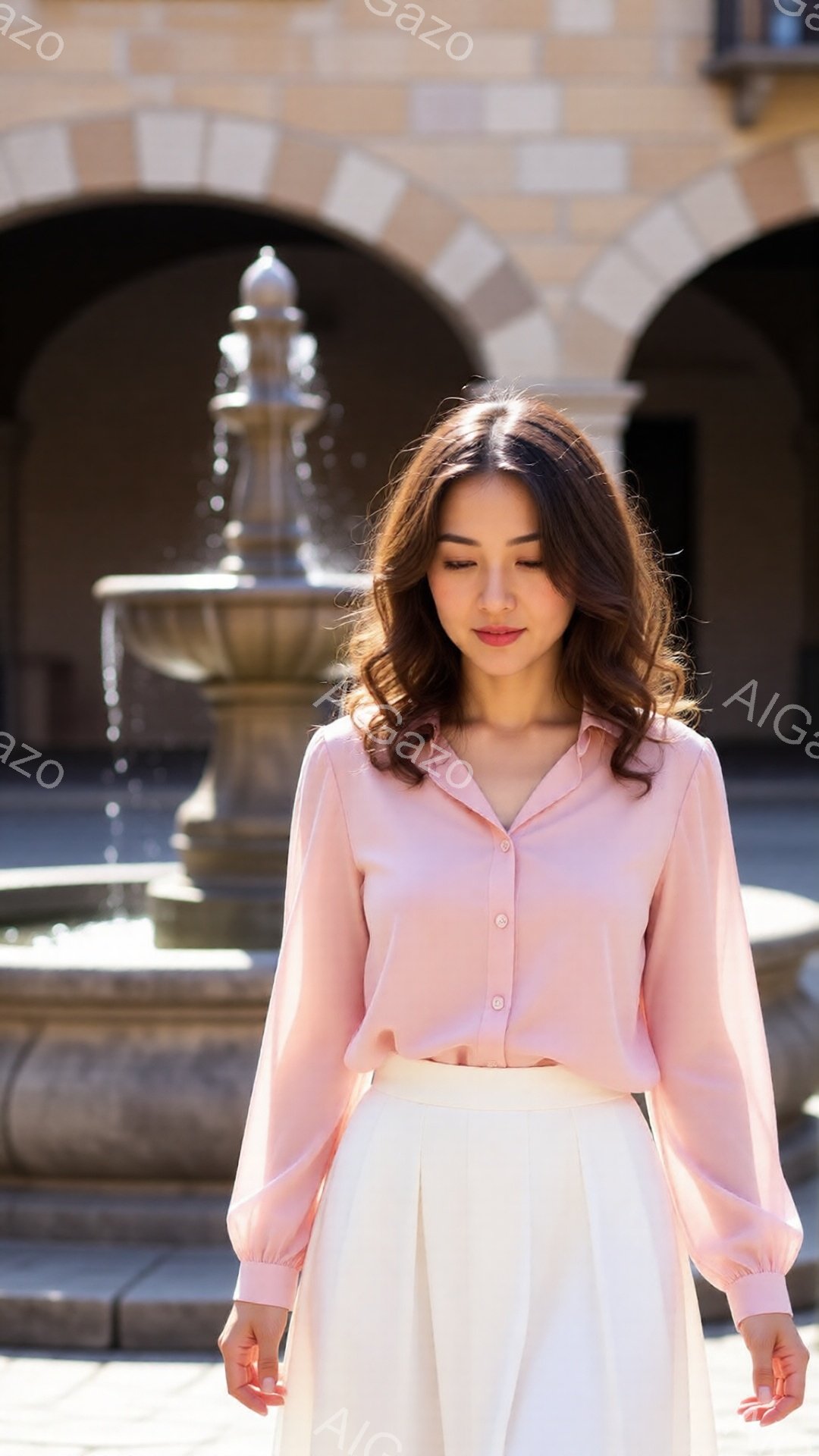 明るい日差しの下、ピンク色のブラウスと白いワイドパンツを身につけた女性が立っている。彼女は少しうつむき加減で、落ち着いた表情を見せている。背景には石造りの噴水とアーチ状の建物があり、穏やかで優雅な雰囲気を醸し出している。