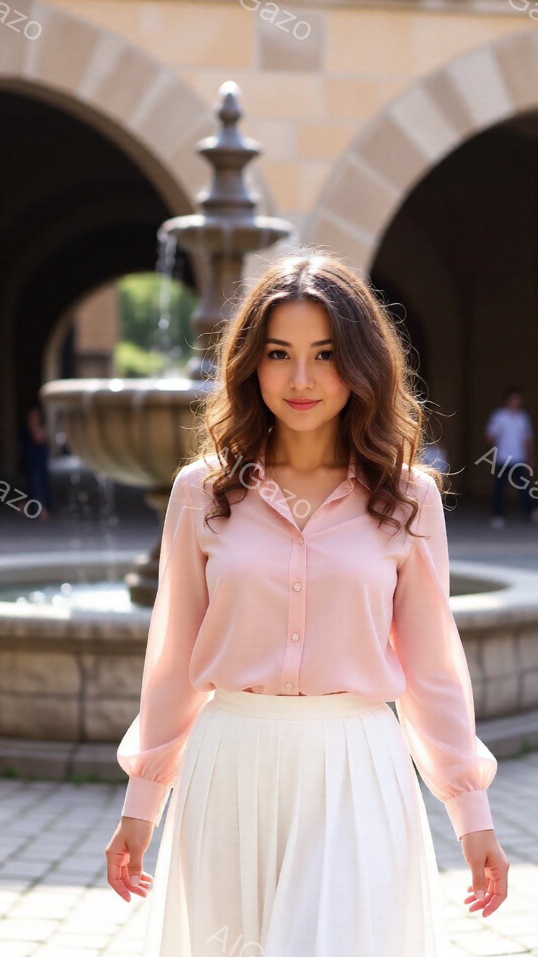 明るいピンク色のブラウスに白いプリーツスカートを身に着けた女性が写っています。彼女は少し微笑んでおり、両手を下にしてリラックスした姿勢で立っています。背景には石造りの噴水とアーチ状の建物があり、晴れた - AI生成フリー素材