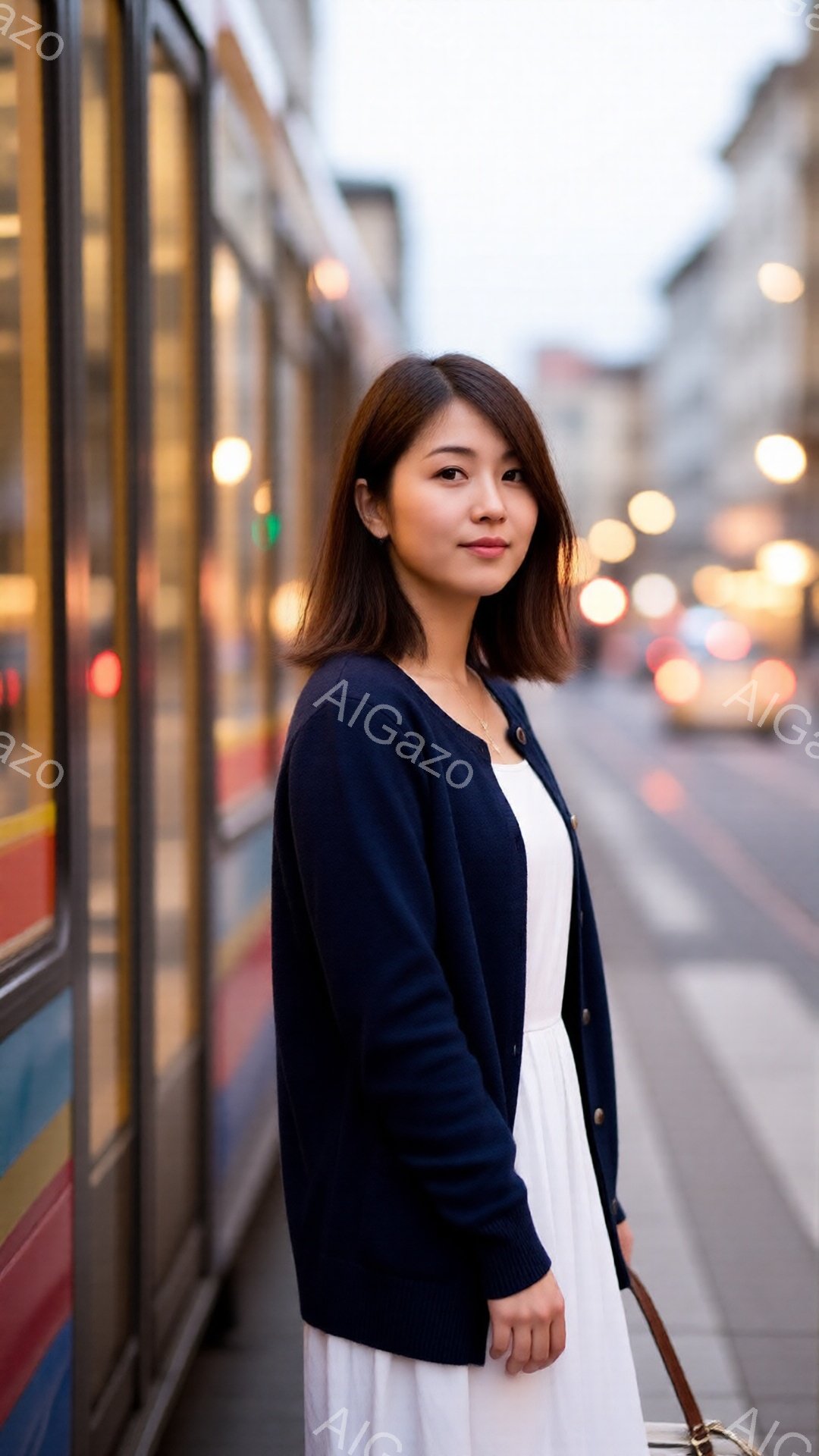 白いワンピースに濃い紺色のカーディガンを羽織った女性が、少し微笑んでこちらを見ている。彼女は肩から斜めがけにしたバッグを持ち、少し横を向いて立っている。背景にはぼやけた建物や車が見え、夕暮れ時の街並みが広がっており、全体的に穏やかで柔らかな雰囲気である。