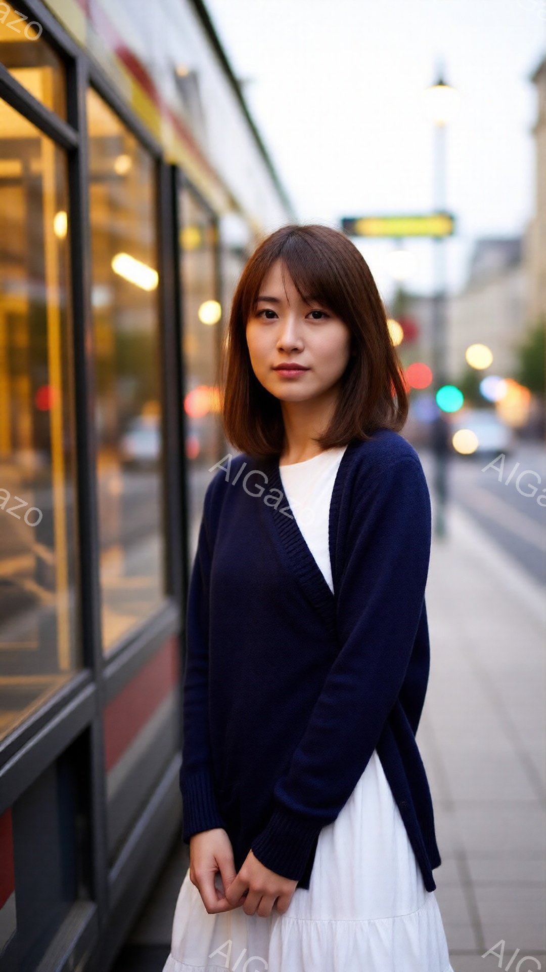 この女性は紺色のカーディガンと白いワンピースを着て、少し微笑んでいます。髪は肩のあたりでカットされ、前髪が少し顔にかかっています。背景には、ぼやけた街並みと路面電車が見え、穏やかな雰囲気の都市の通りに立っています。