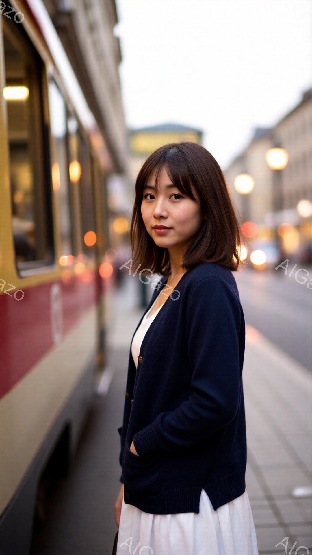 紺色のカーディガンを羽織った女性が、白いワンピースを着て少し横を向いて立っています。彼女は肩までの長さのダークブラウンのヘアスタイルで、穏やかな表情をしています。背景には電車と、ぼやけた都市の風景が広 - AI生成フリー素材
