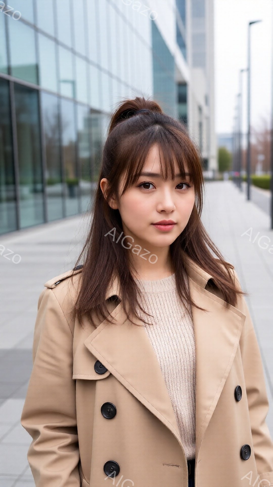 長い髪をハーフアップにした若い女性が、ベージュのトレンチコートとセーターを着て立っています。彼女は穏やかな表情で、わずかに微笑んでいます。背景には近代的なガラス張りの建物が見え、曇り空の下、アスファル - AI生成フリー素材
