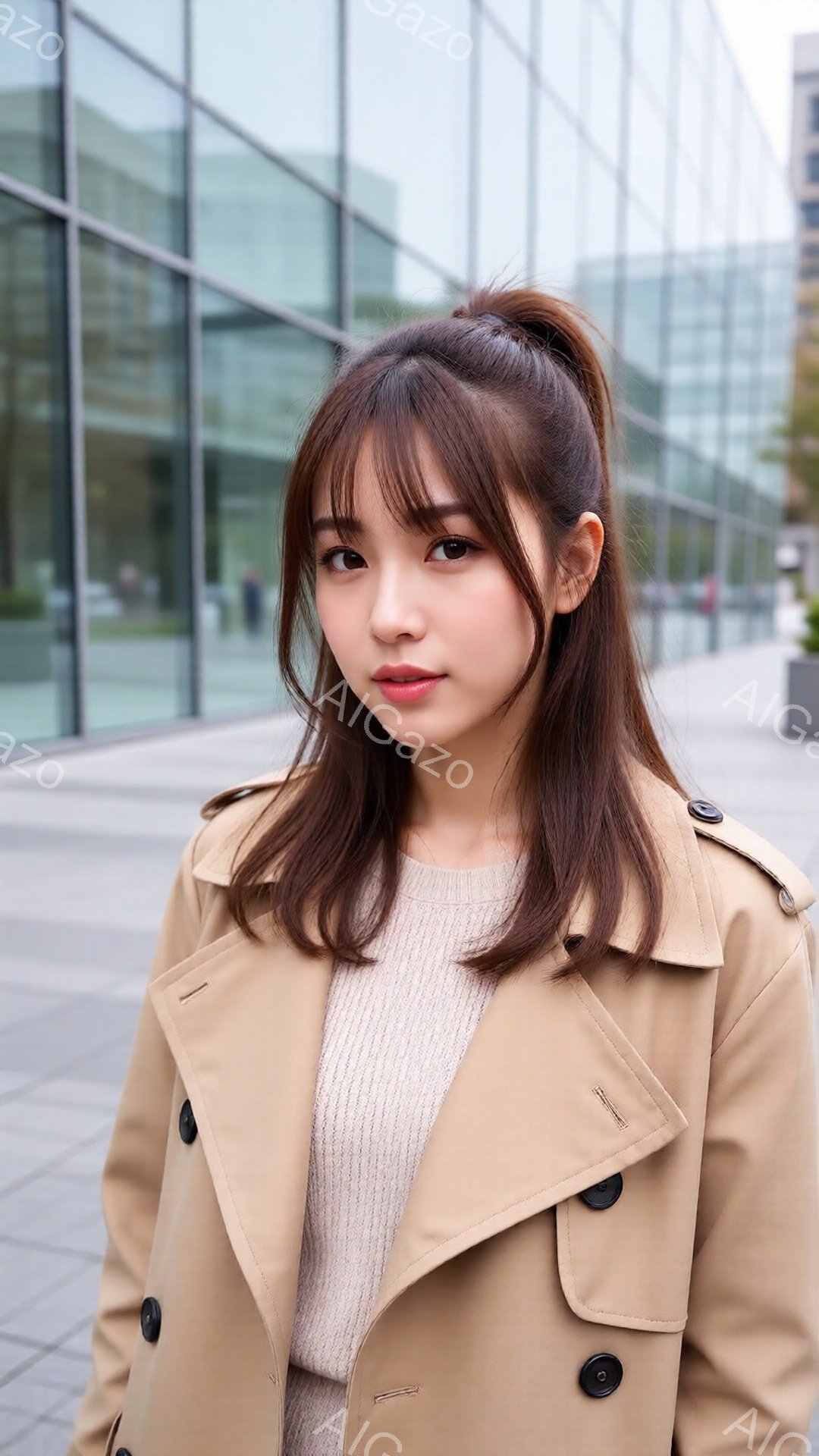 明るい茶色のトレンチコートを着た若い女性が写っています。彼女は薄いピンク色のセーターを着ており、前髪のあるロングヘアをハーフアップにしています。背景にはガラス張りの近代的な建物が見え、曇り空の下で、落 - AI生成フリー素材