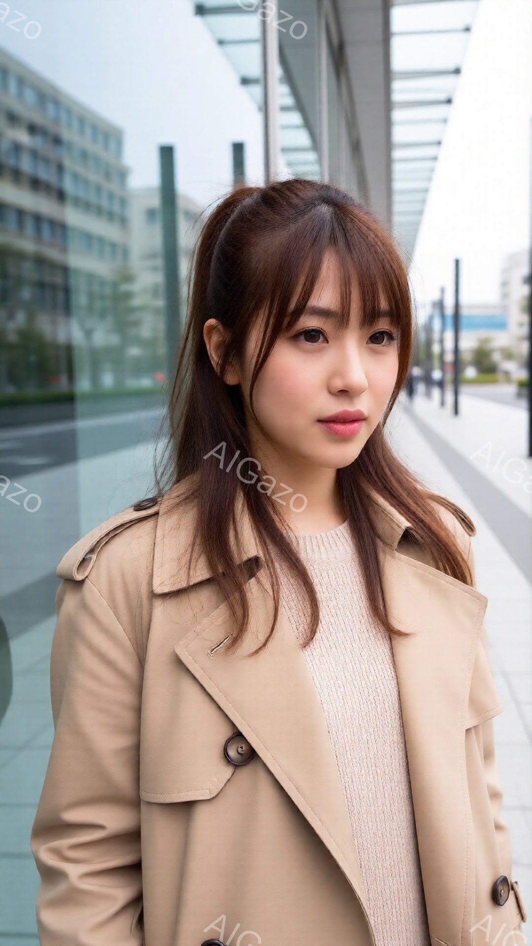 長い茶色の髪を肩にかけた女性が、ベージュ色のトレンチコートと白いセーターを着ています。彼女は穏やかな表情でカメラを見つめており、わずかに微笑んでいます。背景にはモダンな建物と少し灰色の空が広がっており - AI生成フリー素材