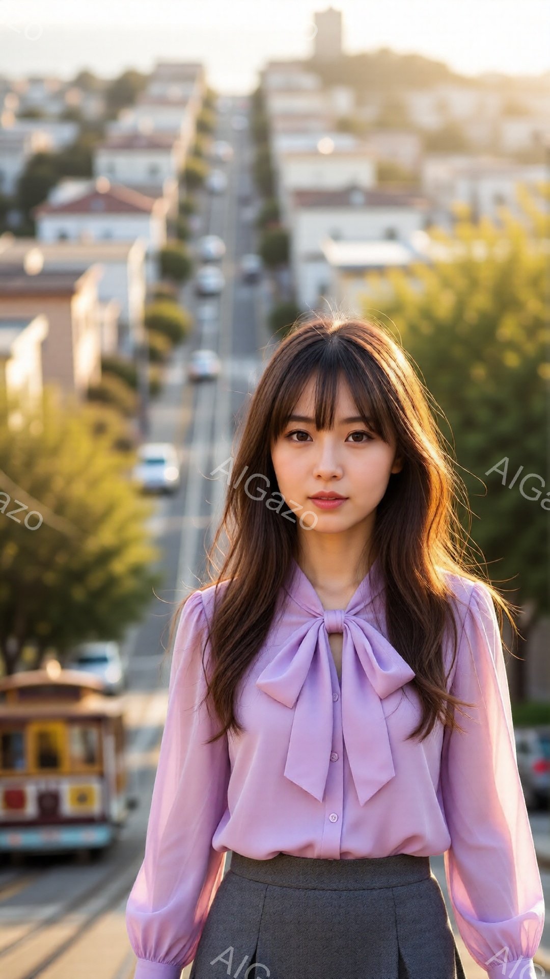 長い茶色の髪を持つ若い女性が、パステルパープルのブラウスとグレーのスカートを着ています。彼女はわずかに微笑み、穏やかな表情をしています。背景には坂道と路面電車、そしてカラフルな家々が並び、晴天の下で穏やかな雰囲気を作り出しています。