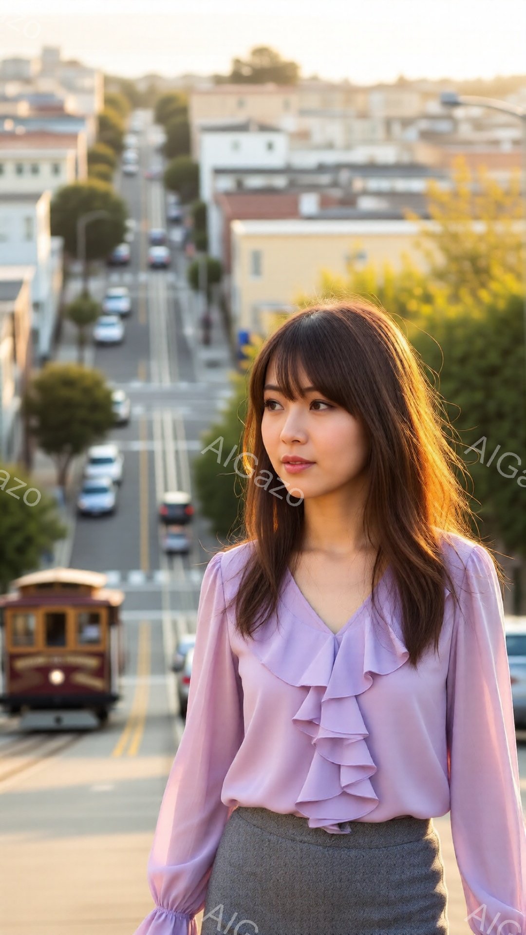 長い茶色の髪を持つ女性が、薄紫色のフリル付きブラウスとグレーのスカートを着て立っています。彼女は少し横を向き、遠くを見つめており、穏やかな表情を浮かべています。背景には、急な坂道に沿って並ぶ建物群と、路面電車が写っており、晴れた日のサンフランシスコの街並みが広がっています。