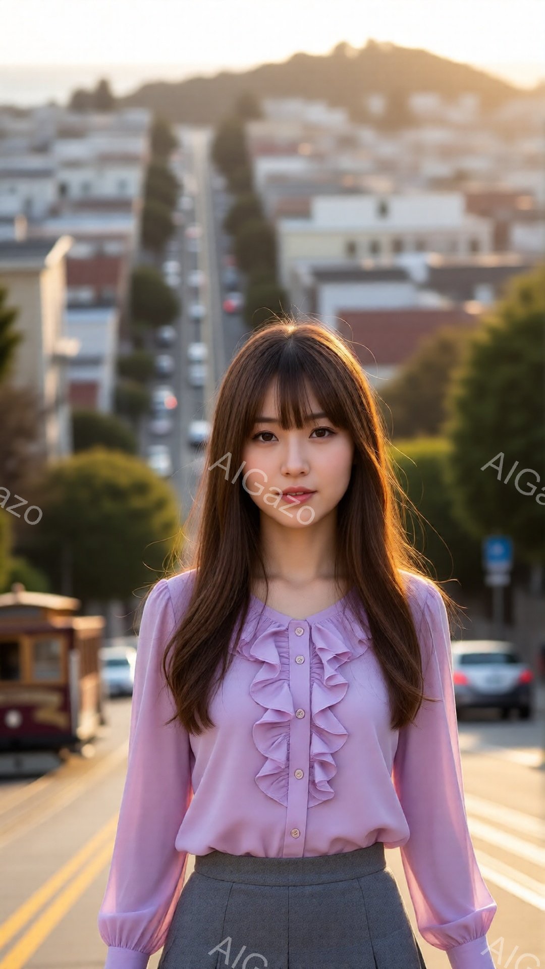 長い茶色の髪は肩にかかるように流れており、顔には柔らかい前髪がかかっています。彼女は、フリル襟の薄いピンク色のブラウスとグレーのスカートを着用しており、少し微笑んでいます。背景には、坂道と古い路面電車、そして暖色系の光に照らされた建並みがあり、穏やかで都会的な雰囲気を醸し出しています。