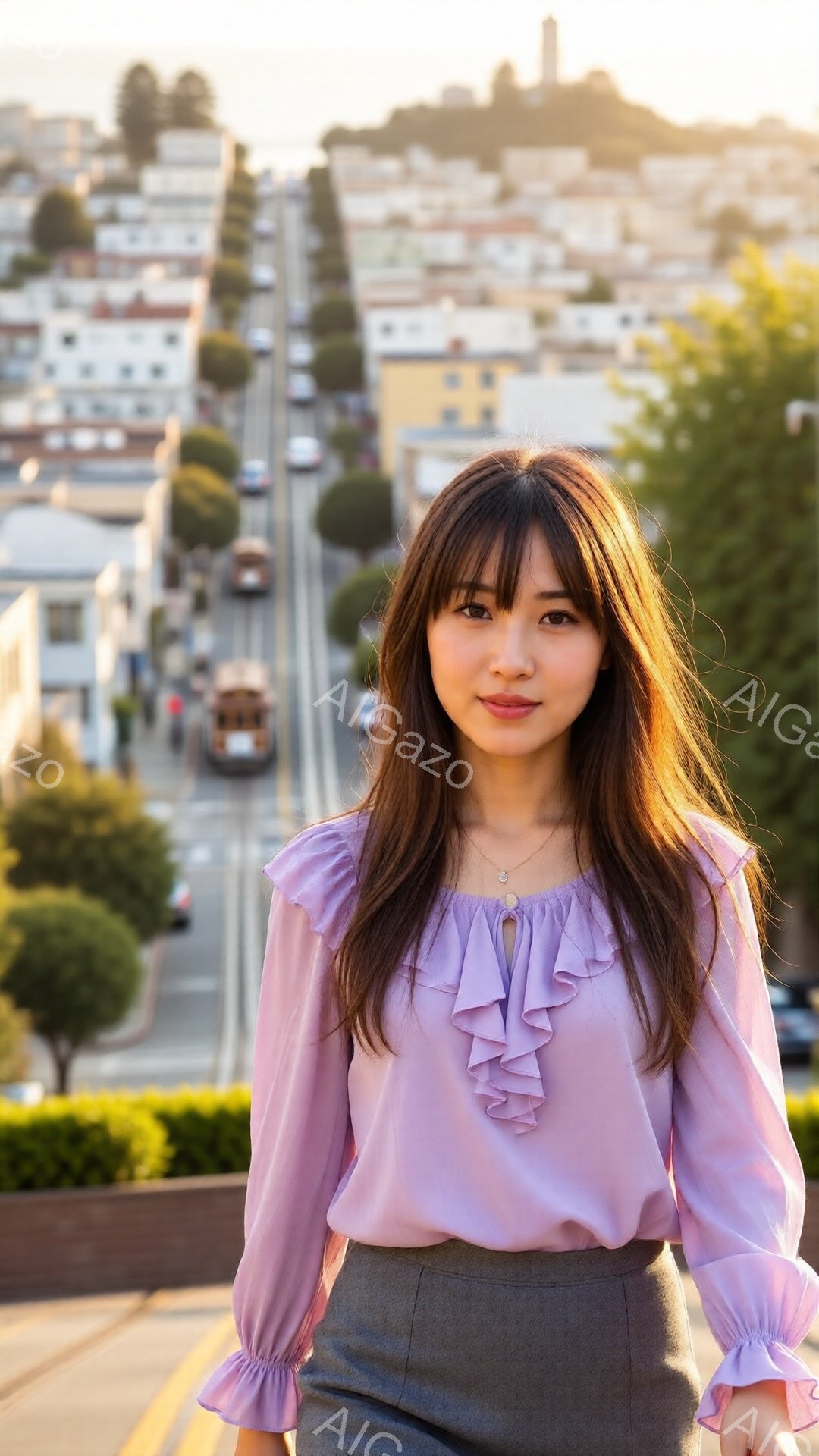 明るい紫色のブラウスとグレーのスカートを身につけた女性が写っています。彼女は肩までの長さの茶色の髪で、穏やかな笑顔を浮かべています。背景には、ケーブルカーが走る坂道と、カラフルな家々が並ぶサンフランシスコの街並みが広がっており、晴れた日の穏やかな雰囲気が漂っています。