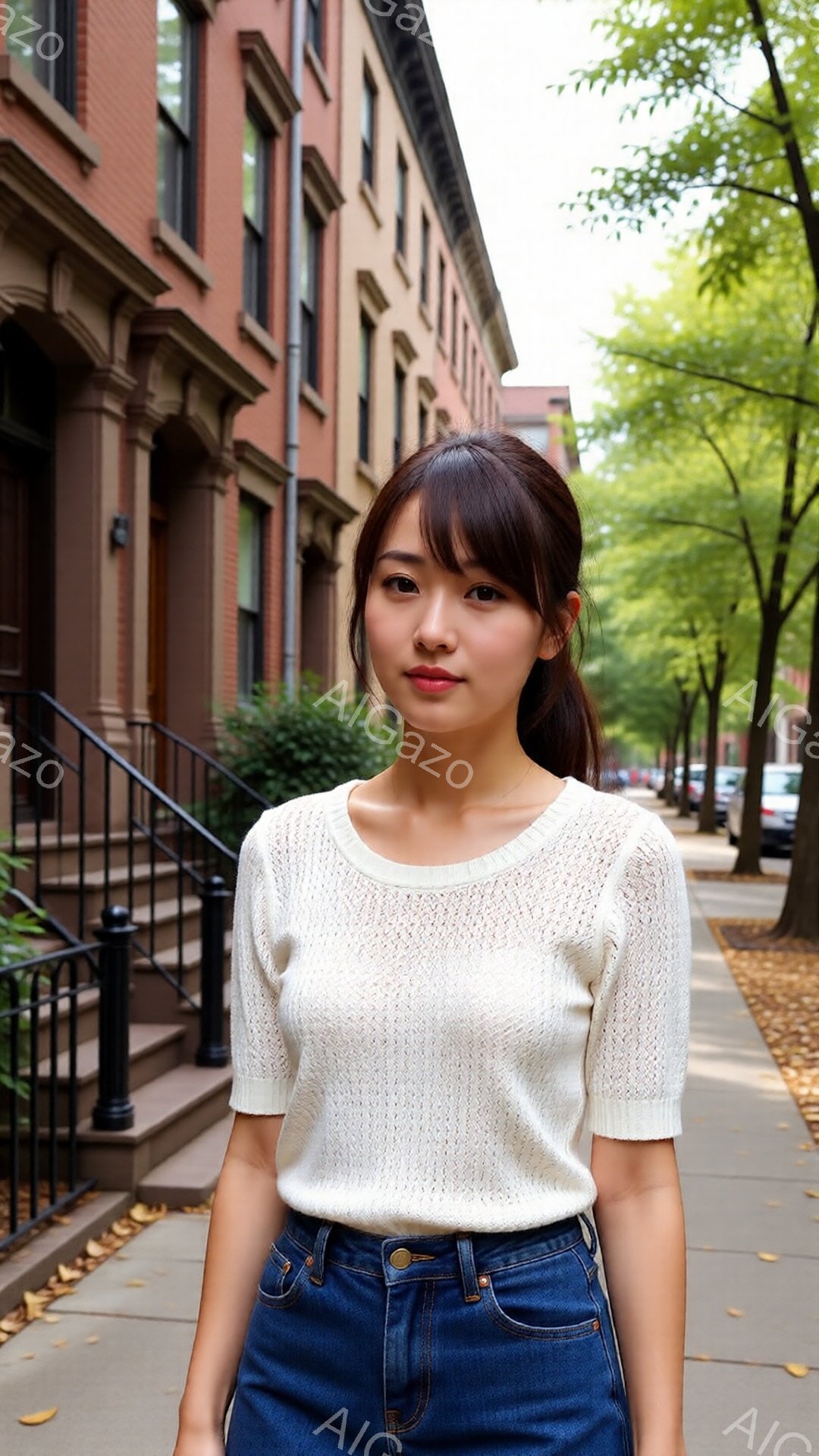 若い女性が、白い編み目のトップスと濃いブルーのジーンズを身に着けて、レンガ造りの建物が並ぶ通りで立っている。彼女は前髪を下ろしたポニーテールにし、わずかに微笑んでいる。背景には緑豊かな木々と晴れた空が広がり、穏やかで落ち着いた雰囲気を醸し出している。