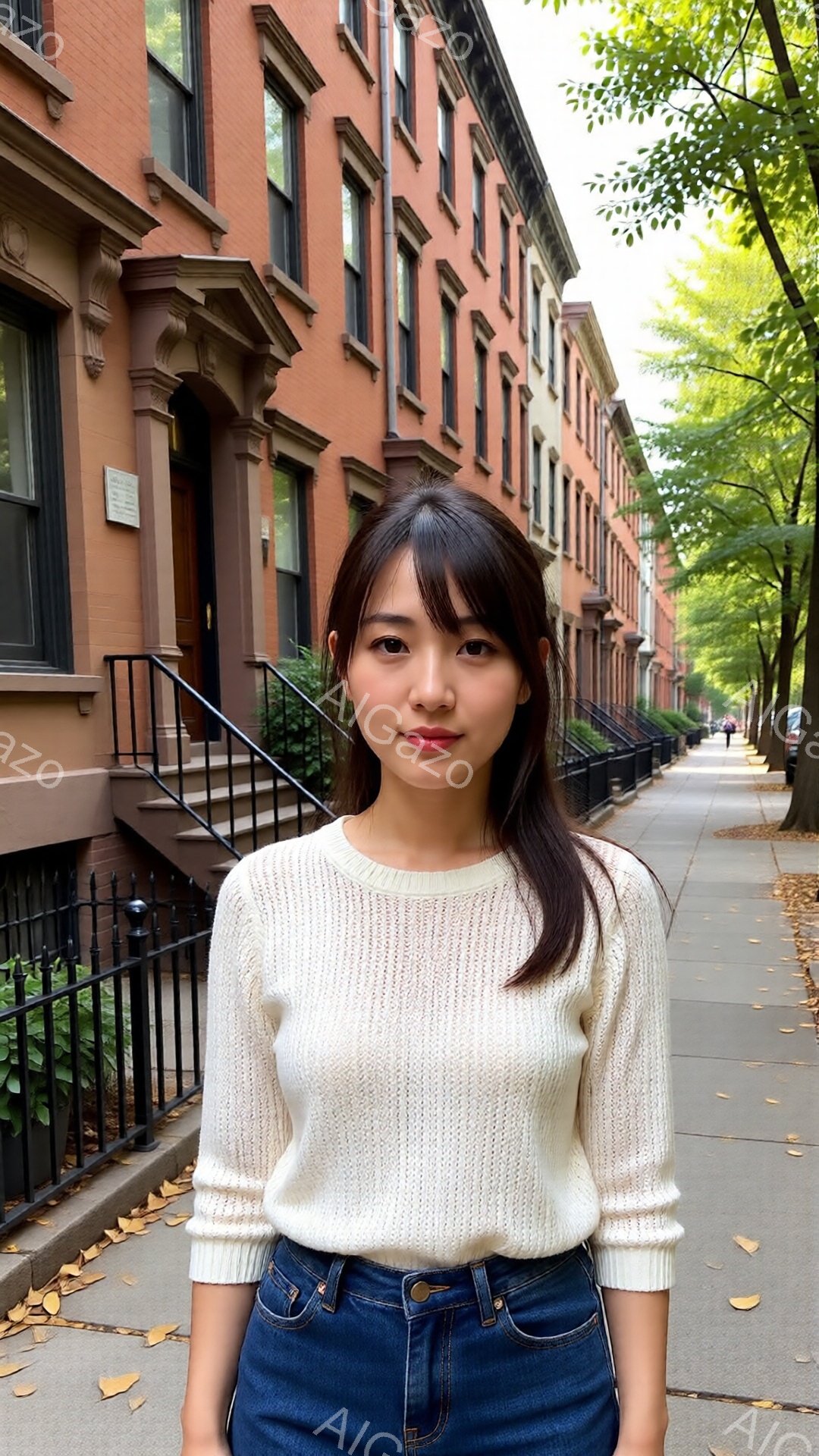 画像には、レンガ色の建物が並ぶ通りの前に立つ若い女性が写っています。彼女は白いセーターと濃い色のジーンズを着用し、肩まで伸ばした黒髪は片側に流されています。表情は穏やかで、少し微笑んでいるように見え、周囲の街並みとの調和が感じられます。